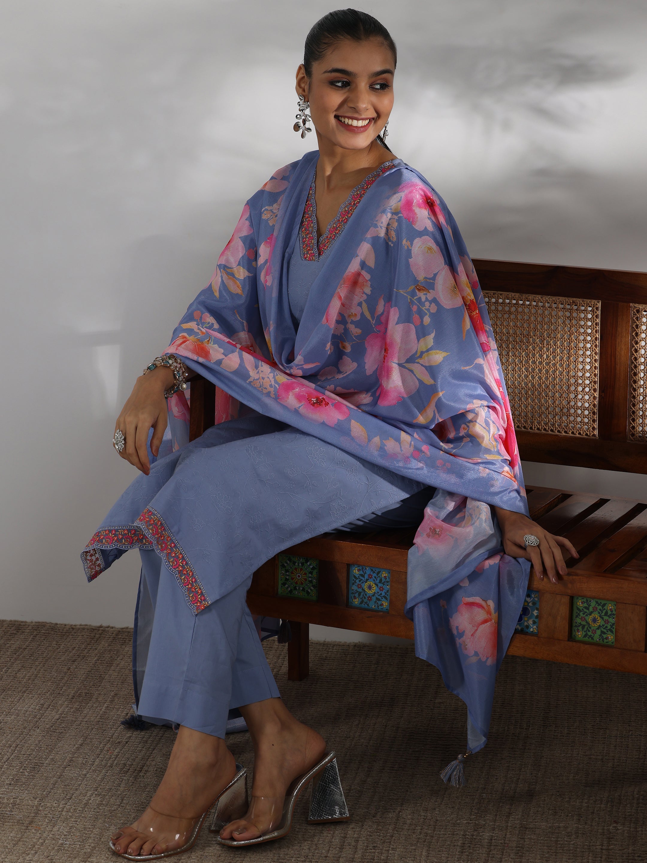 Libas Blue Embroidered Cotton Straight Suit With Dupatta