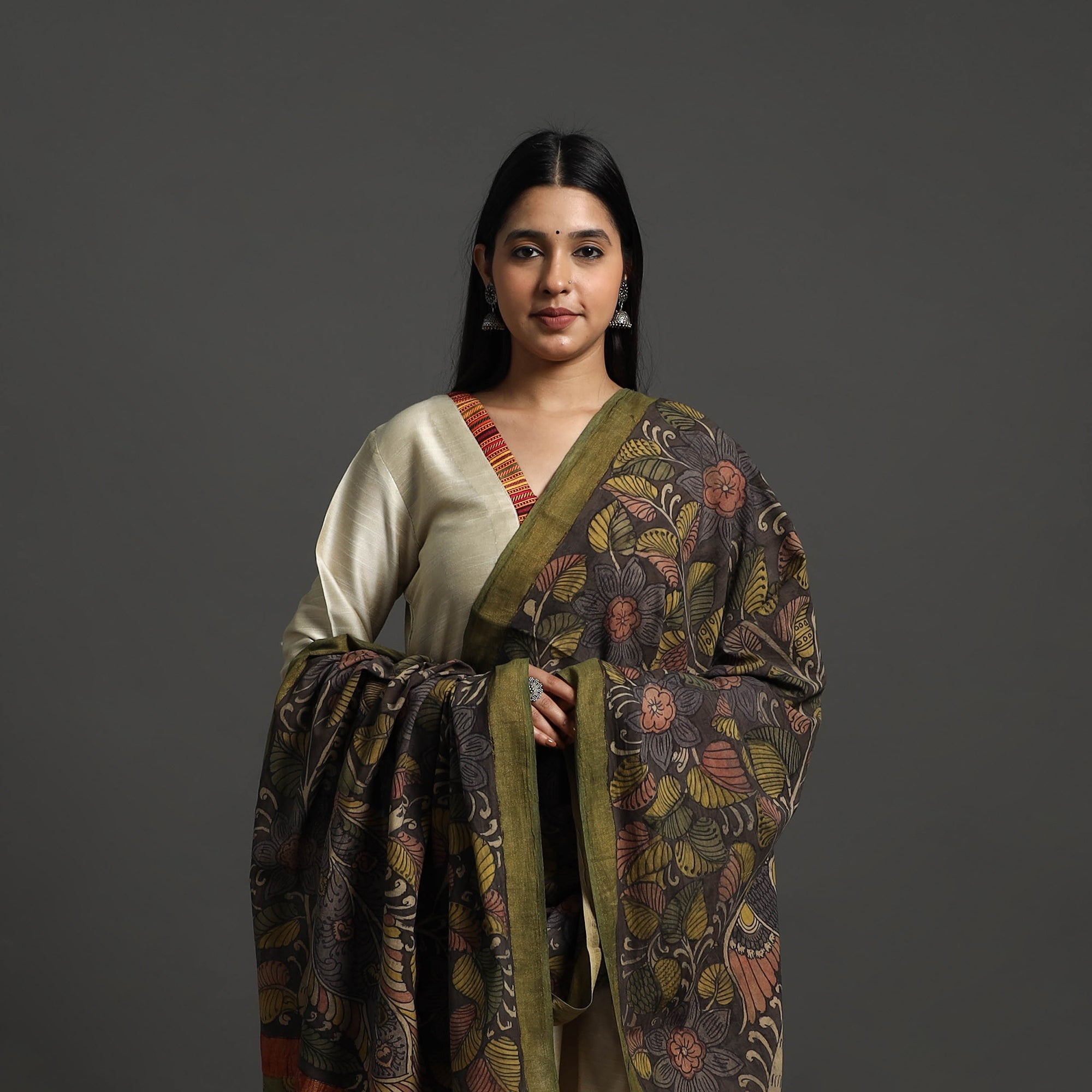 SOUTH KARGHA Black - Mangalagiri Cotton Handpainted Pen Work Kalamkari Dupatta 32 - view 3