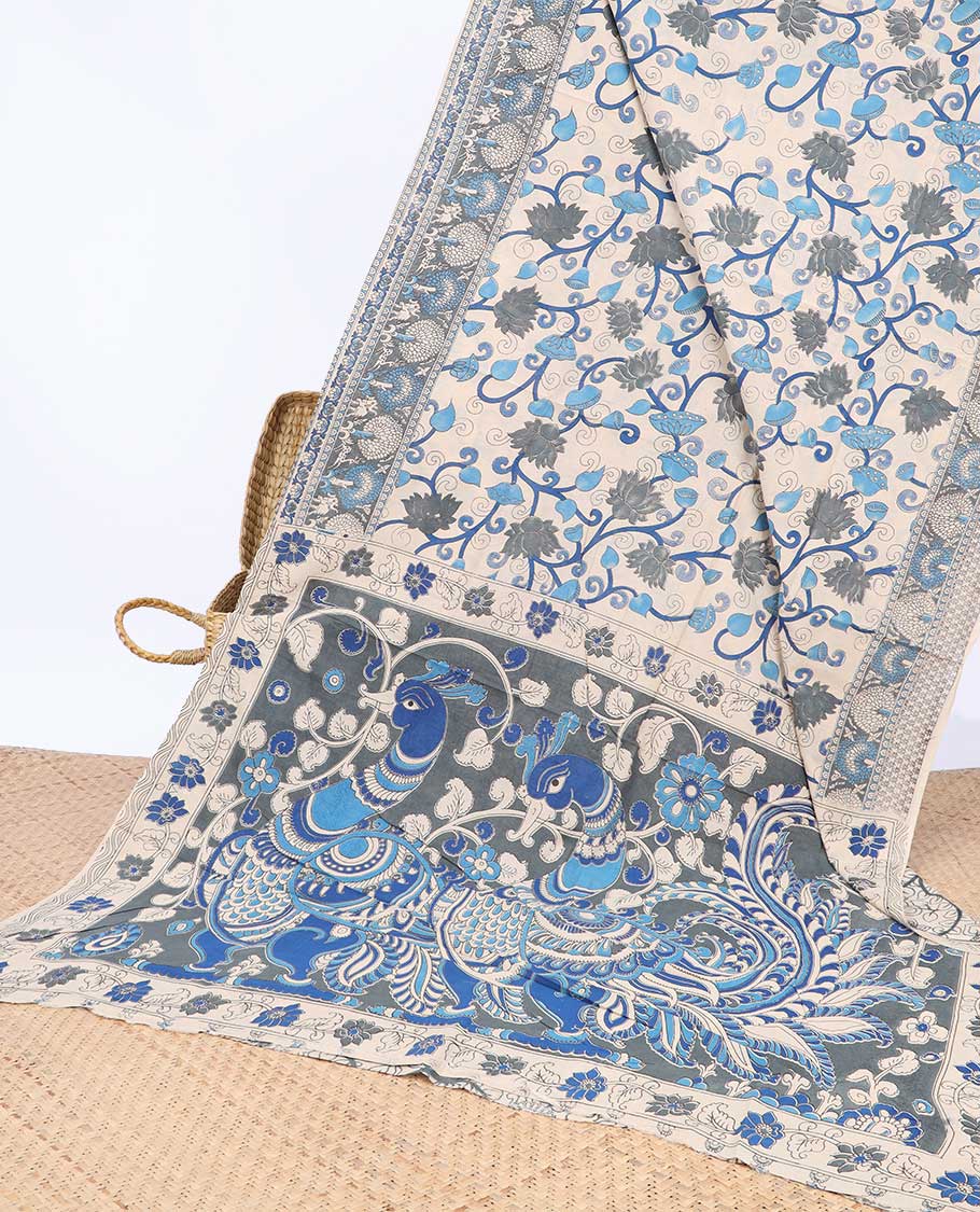 Pothys Cream floral vine machine-printed kalamkari cotton saree, contrast tree motifs border & peacock pallu