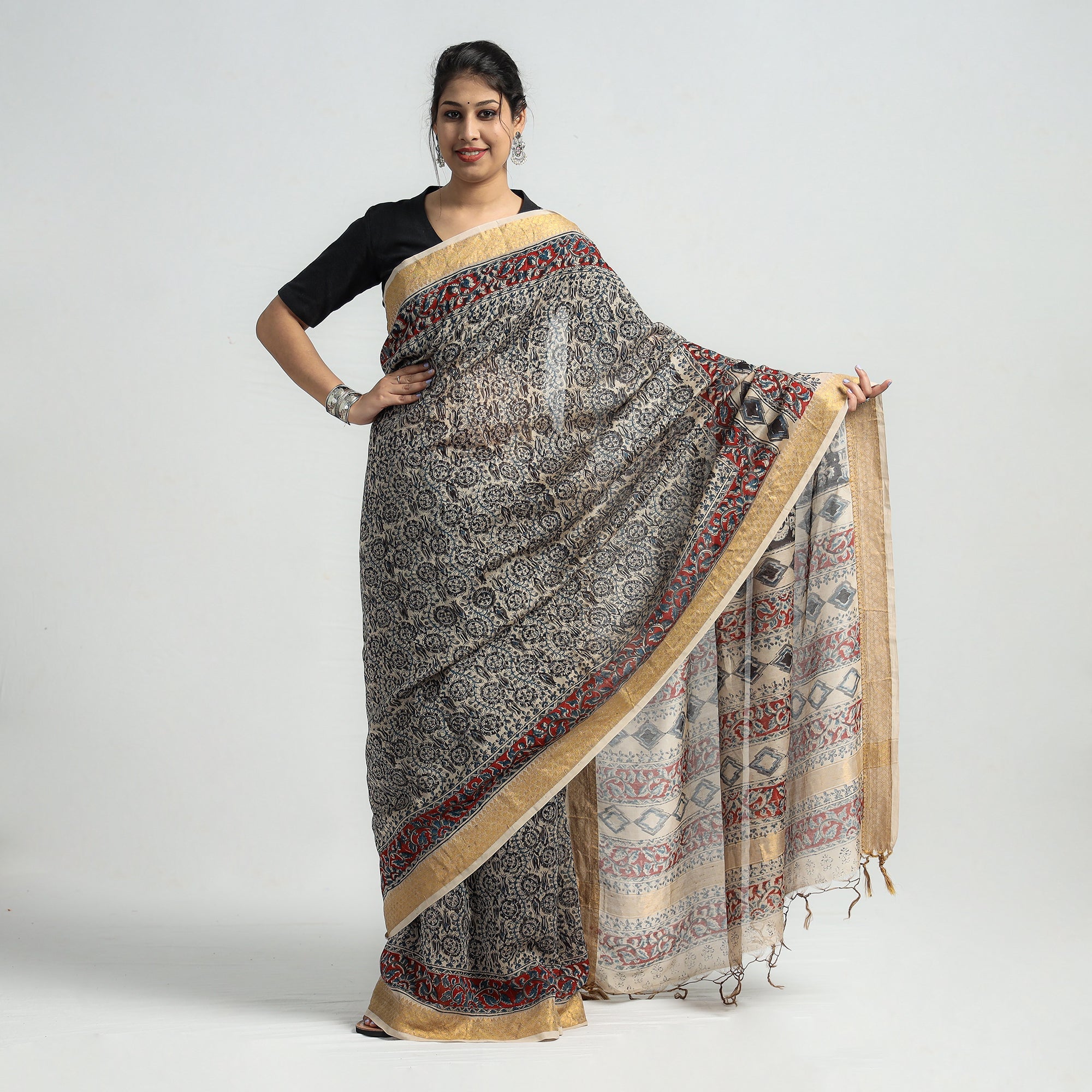 VENKATA BHANU KALAMKARI PEDANA Black - Original Pedana Kalamkari Block Print Silk Saree - view 2