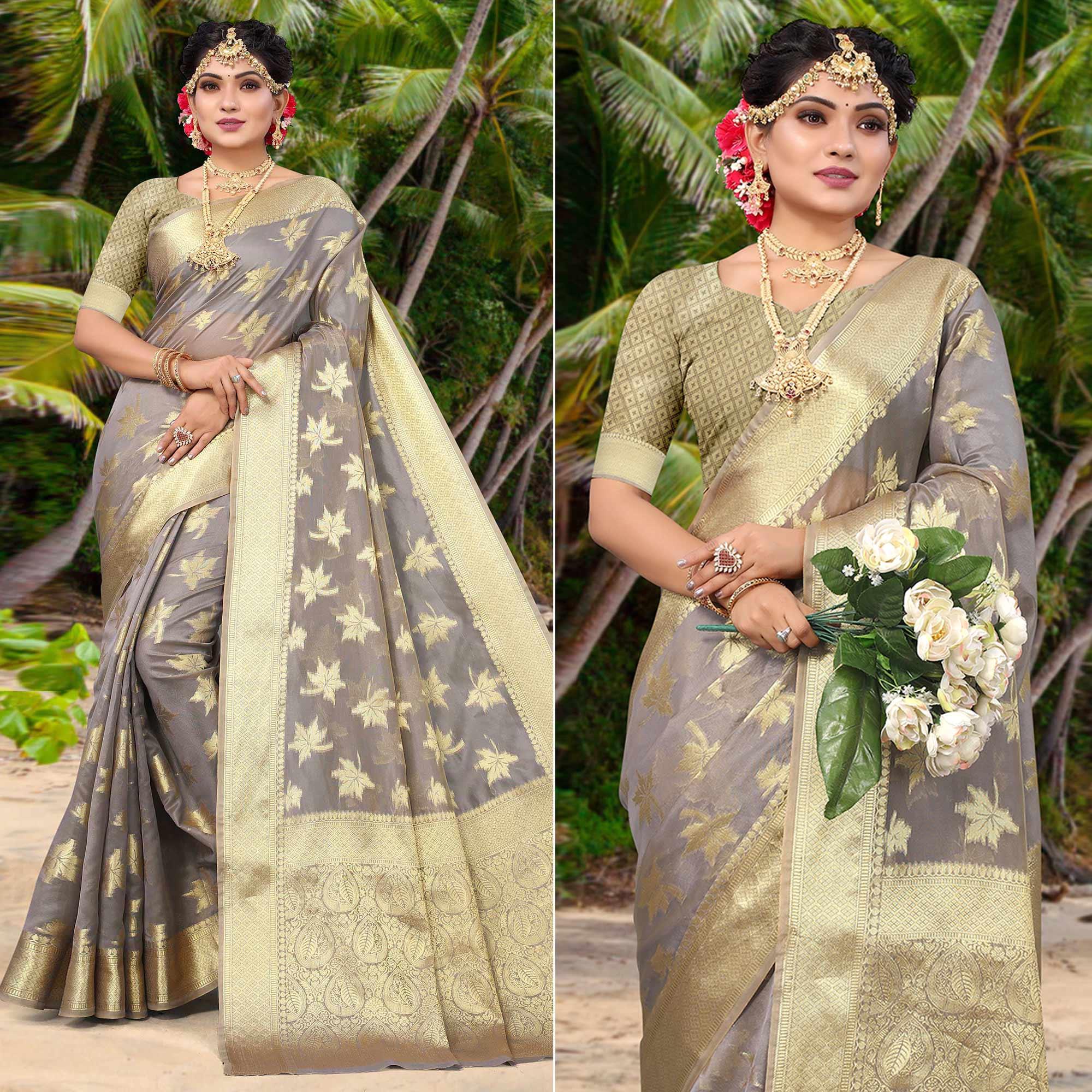 Peachmode Grey Woven Organza Saree – Women's