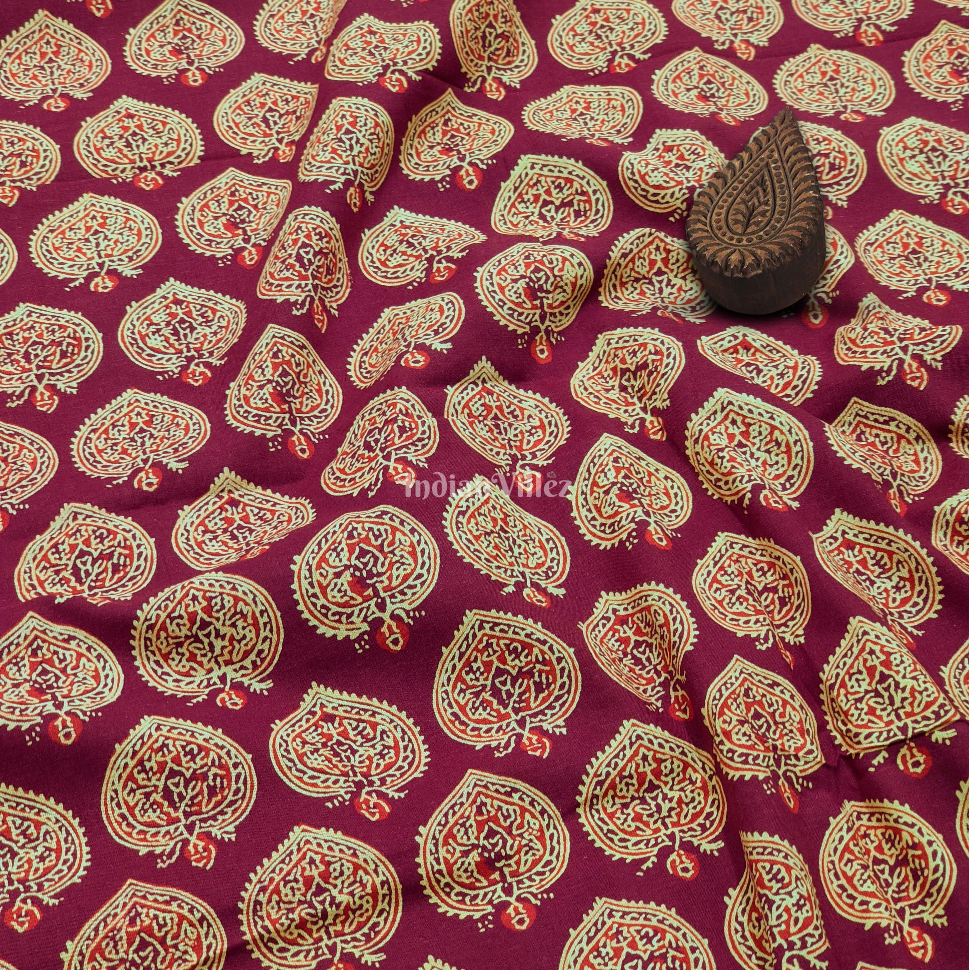 IndianVillèz Maroon Floral Hand Block Printed Cotton Fabric