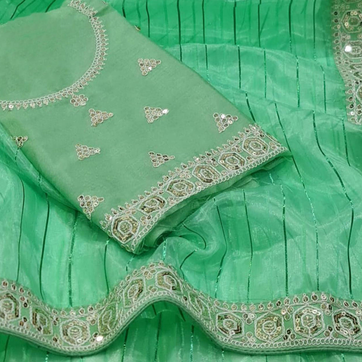 BlackTree green-sequins-embroidered-organza-saree - view 2