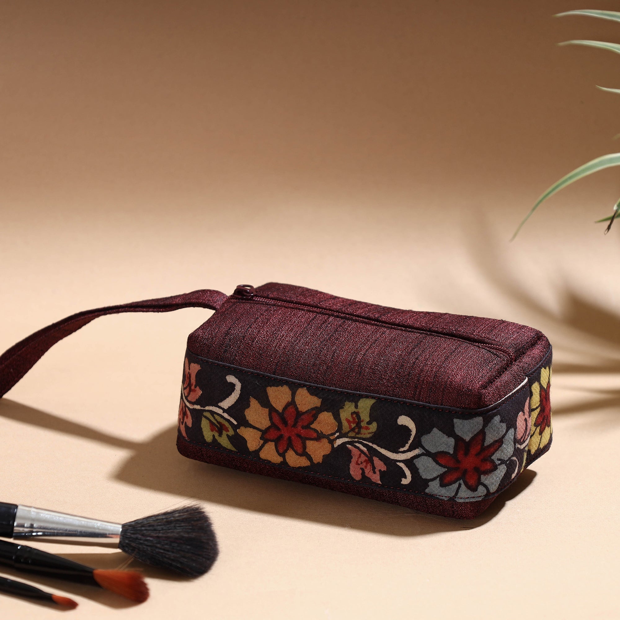 DWARAKA PLUS Brown - Handpainted Kalamkari Natural Dyed Ghicha Silk Multipurpose Cosmetic/Toiletry Pouch