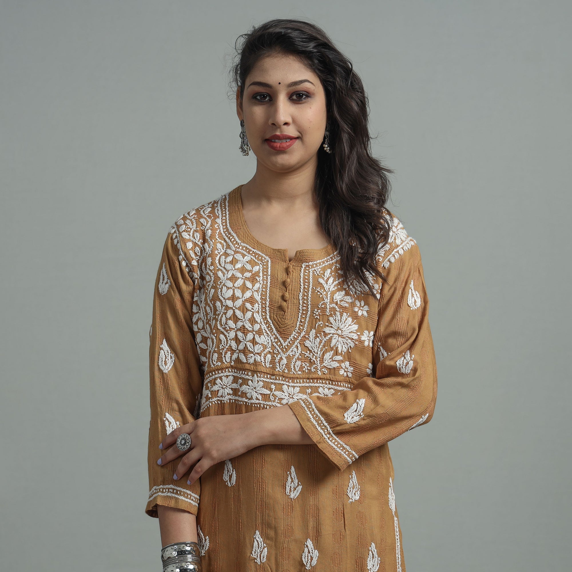 MEHARKI CHIKAN Brown - Chikankari Hand Embroidered Cotton Long Kurta