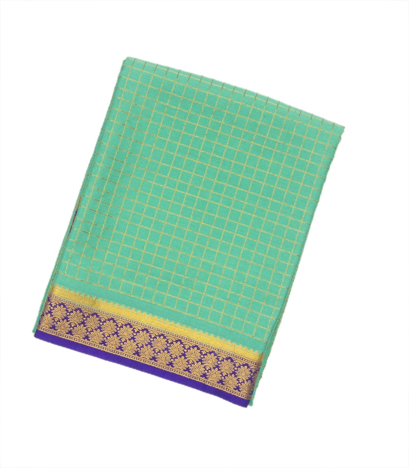 RmKV Aquamarine Mysore Crepe Silk Saree With Checks & Contrast Border