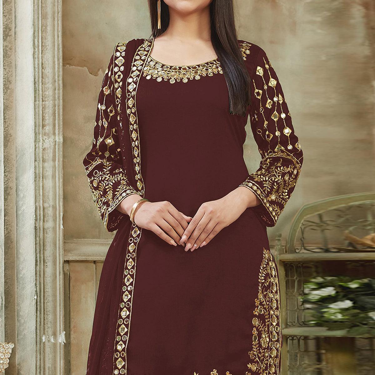 Peachmode Brown Embroidered Georgette Patiala Suit - view 3