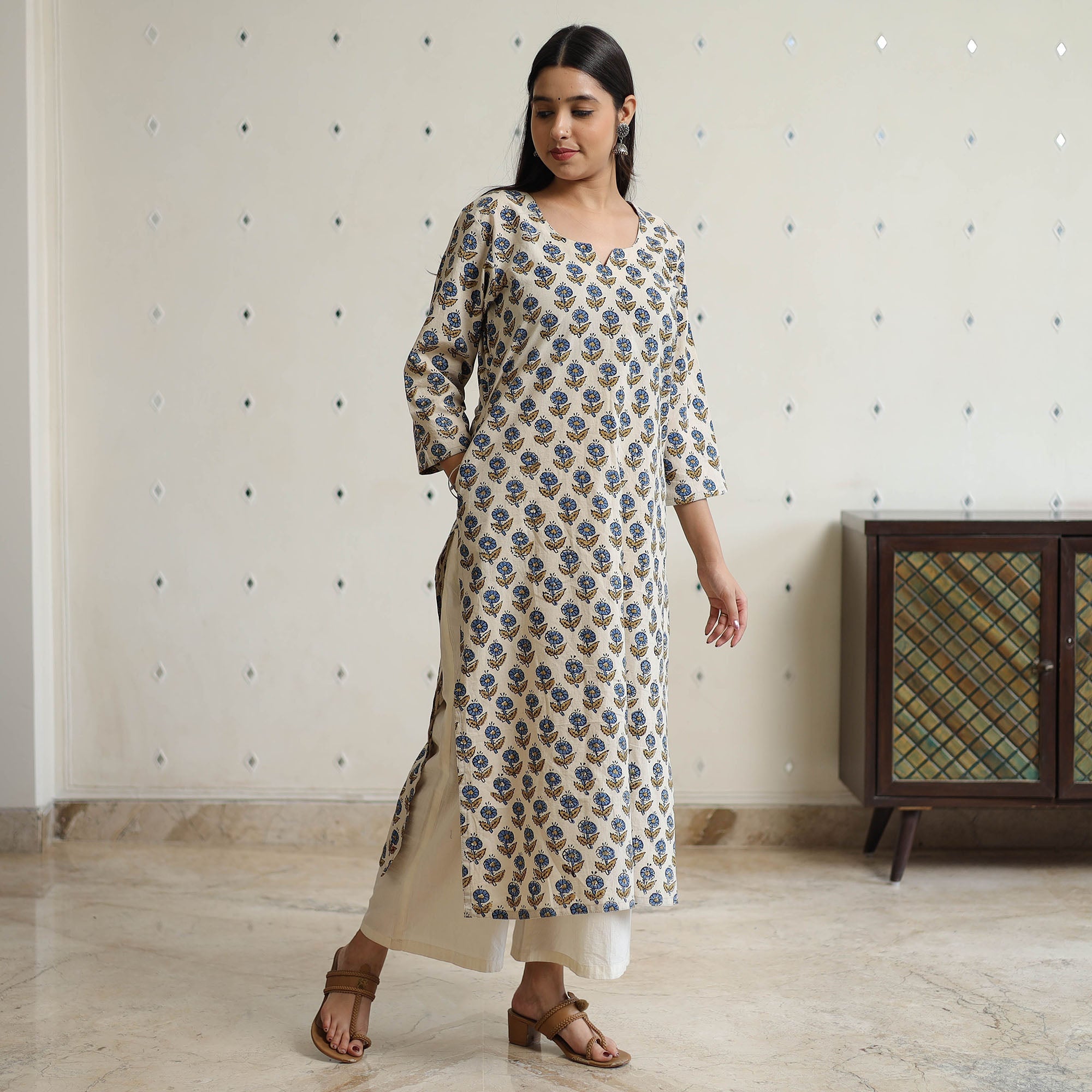 ITOKRI CASUALS Beige - Ajrakh Block Printed Cotton Long Straight Kurta 45 - view 3
