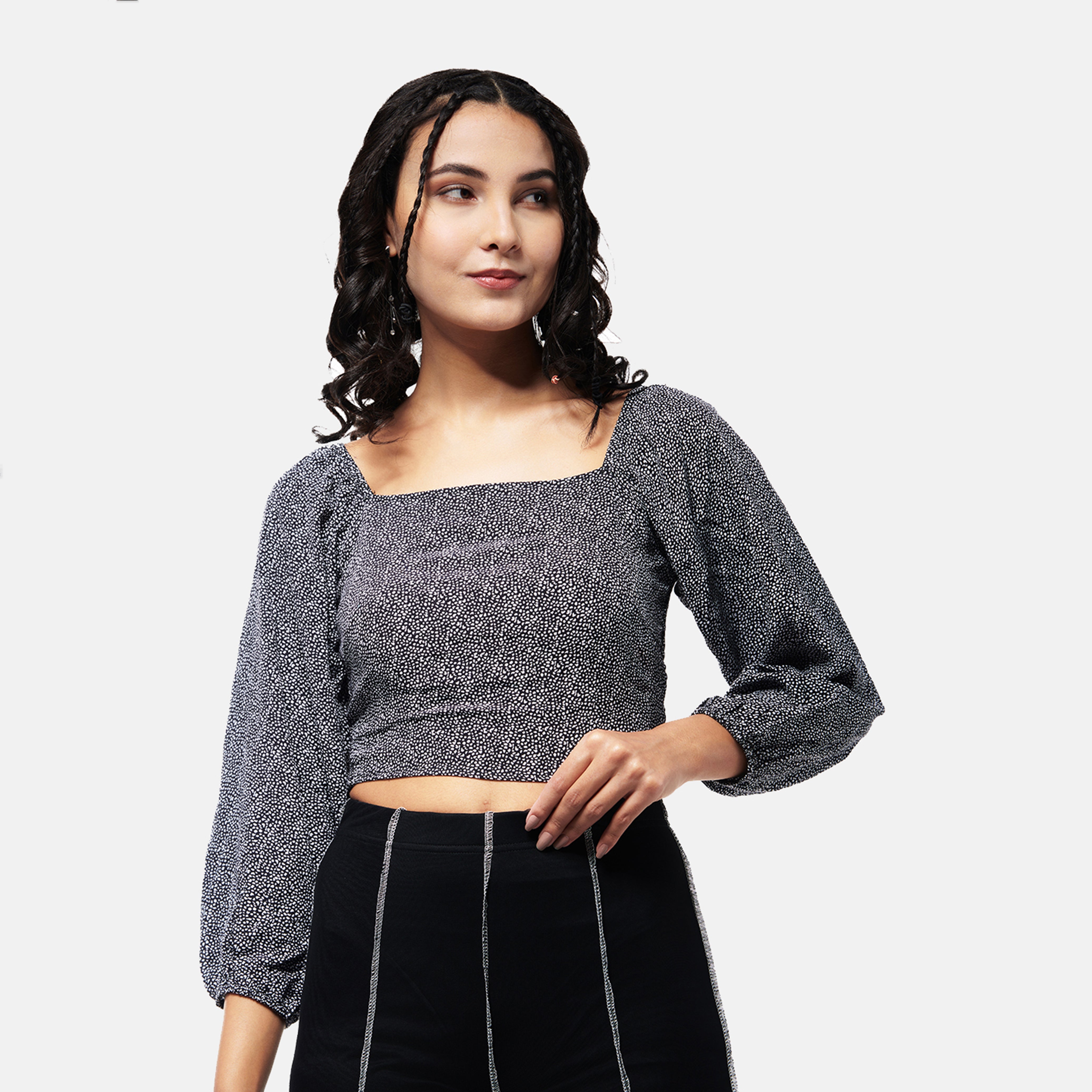Y2K Black Smocked Peasant Top - view 2