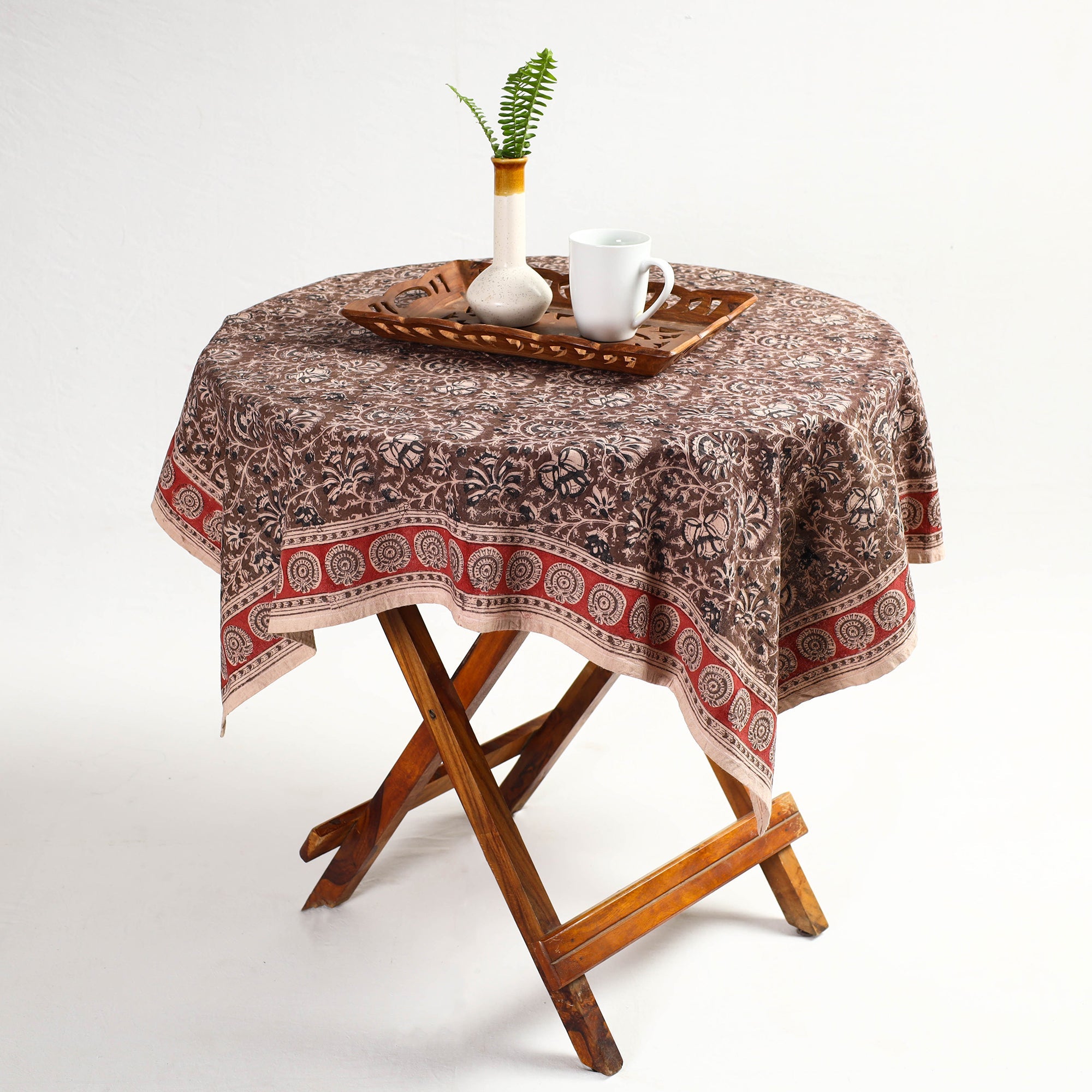 PITCHUKA SRINIVAS KALAMKARI PEDANA Brown - Original Pedana Kalamkari Block Printed Cotton Table Cover (46 x 43 in)