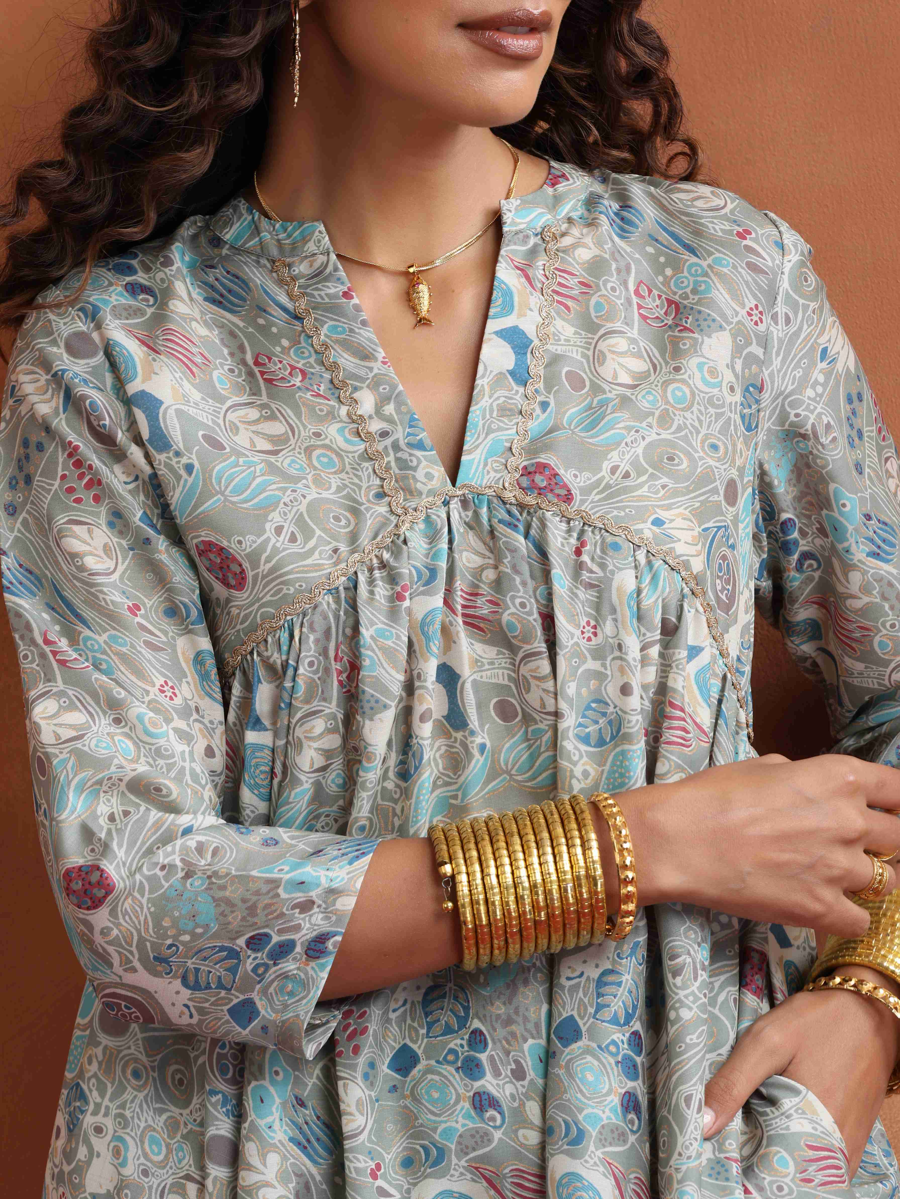 trueBrowns Green Print Flared Kurta Co-ord Set - view 5