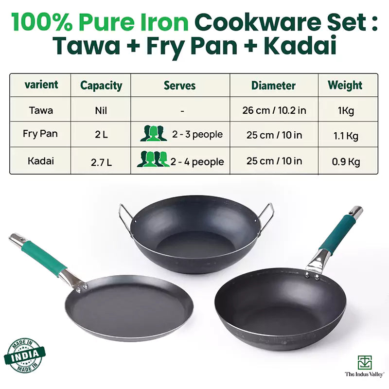 The Indus Valley 100% Pure Iron Cookware Set: Tawa 26 cm + Fry Pan 25 cm + Kadai 25 cm, Toxin-free Sheet Iron, Pre-seasoned, Kitchen Set for Home - view 2