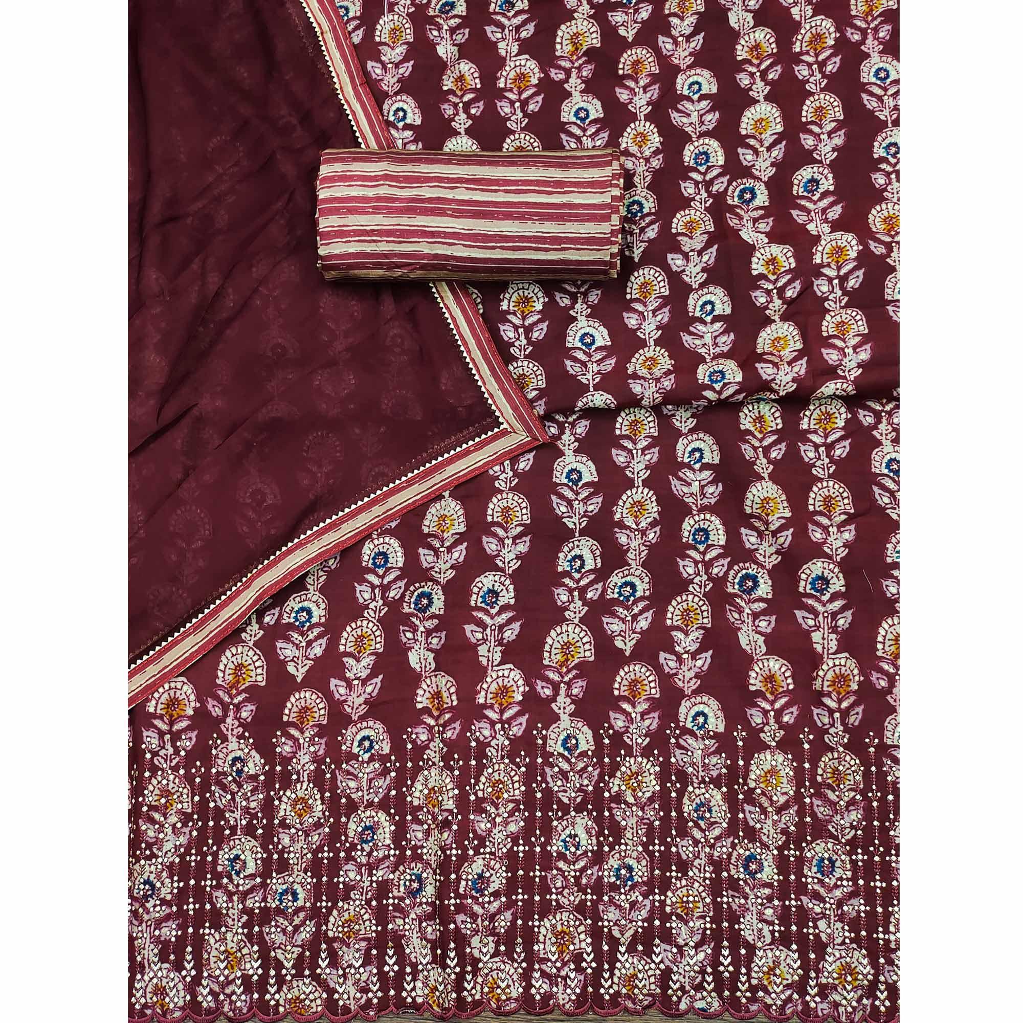 Peachmode Maroon Floral Printed Pure Cotton Dress Material - view 3