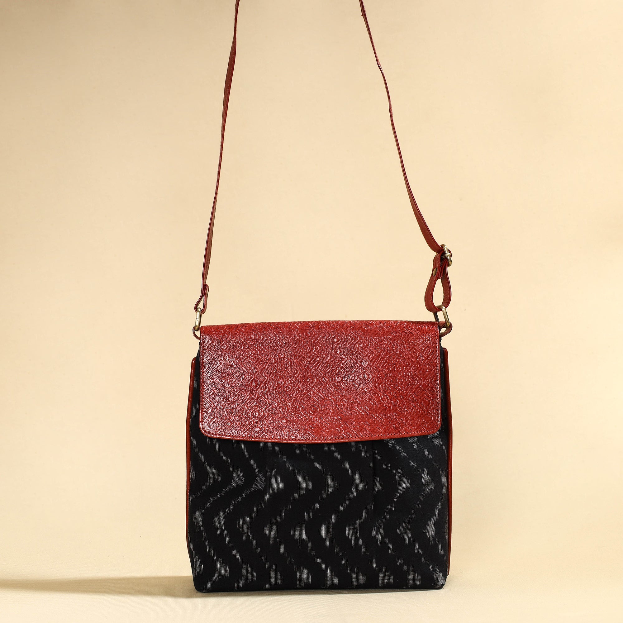 ASALKAAR Black - Handcrafted Ikat Fabric Sling Bag with Embossed Leather Flap