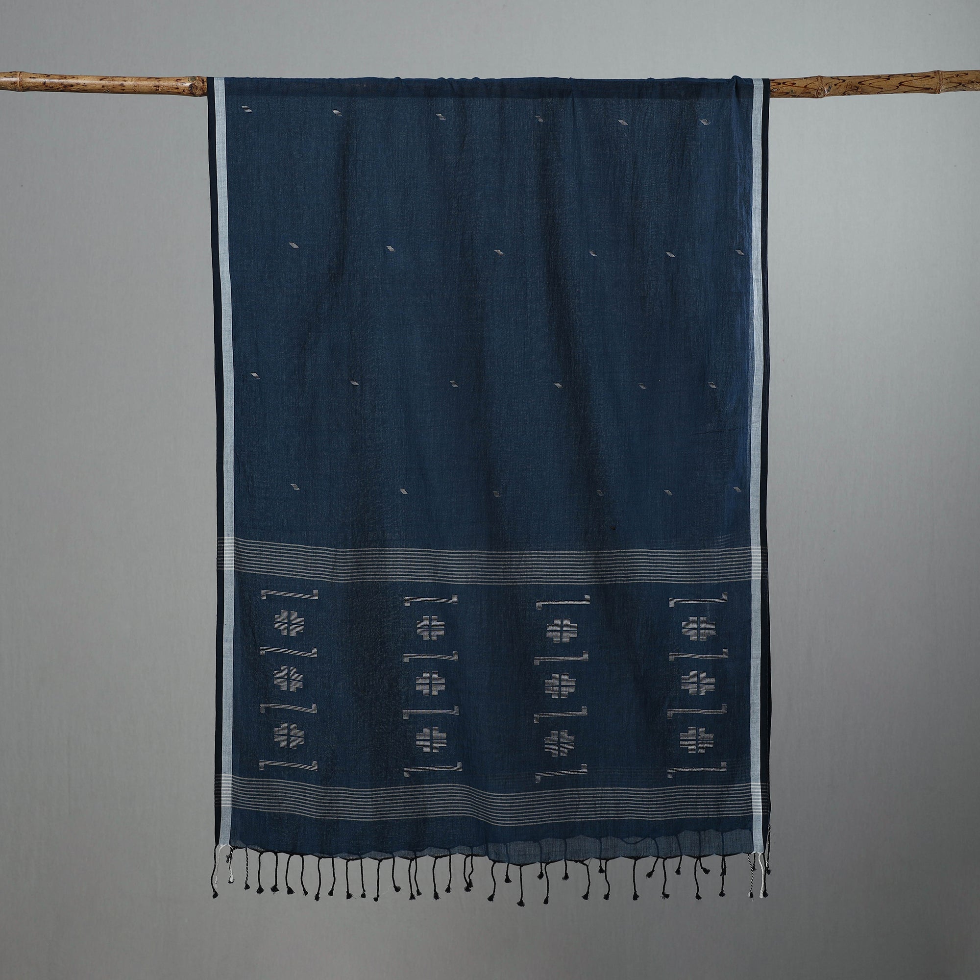 KHUSHBASH - HAPPY LOOM OF EAST Blue - Burdwan Jamdani Cotton Handloom Stole with Tassels 29 - view 2
