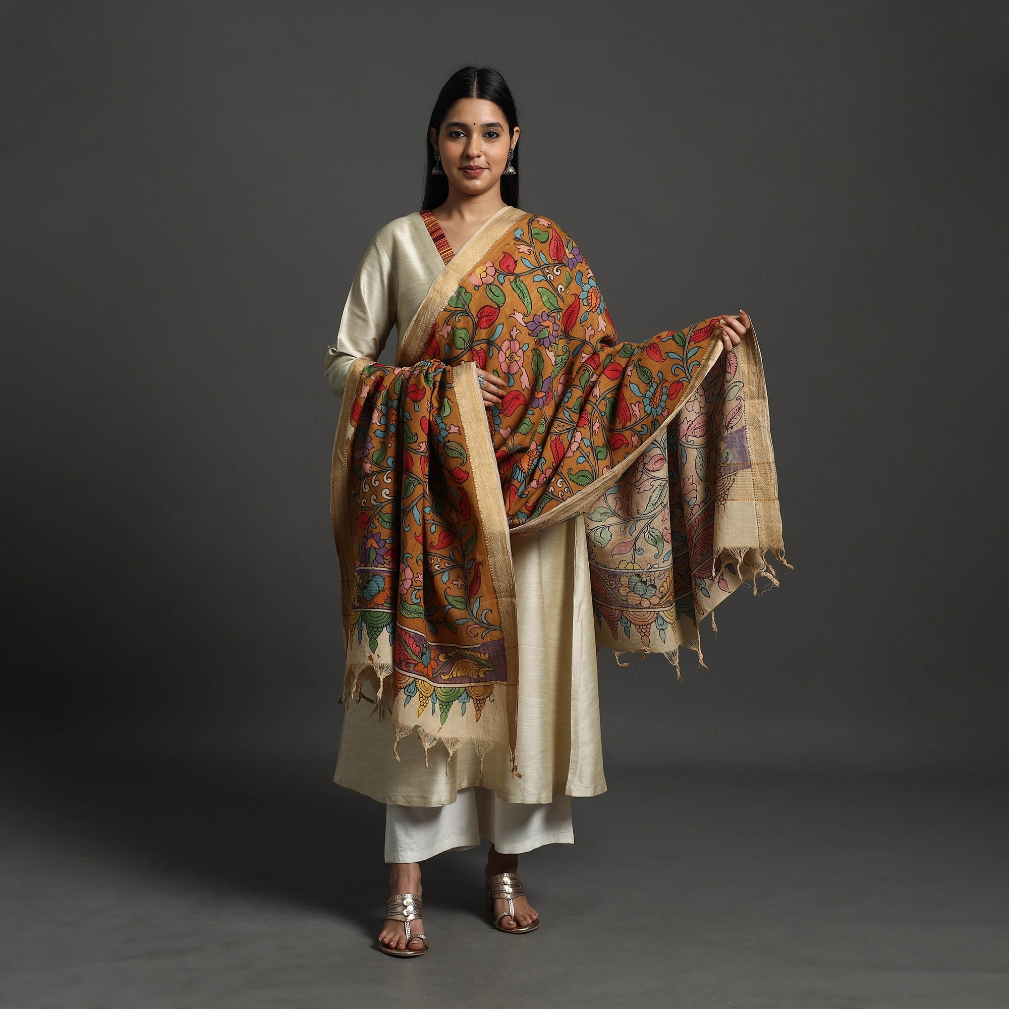 SOUTH KARGHA Brown - Mangalagiri Cotton Handpainted Pen Work Kalamkari Dupatta 05