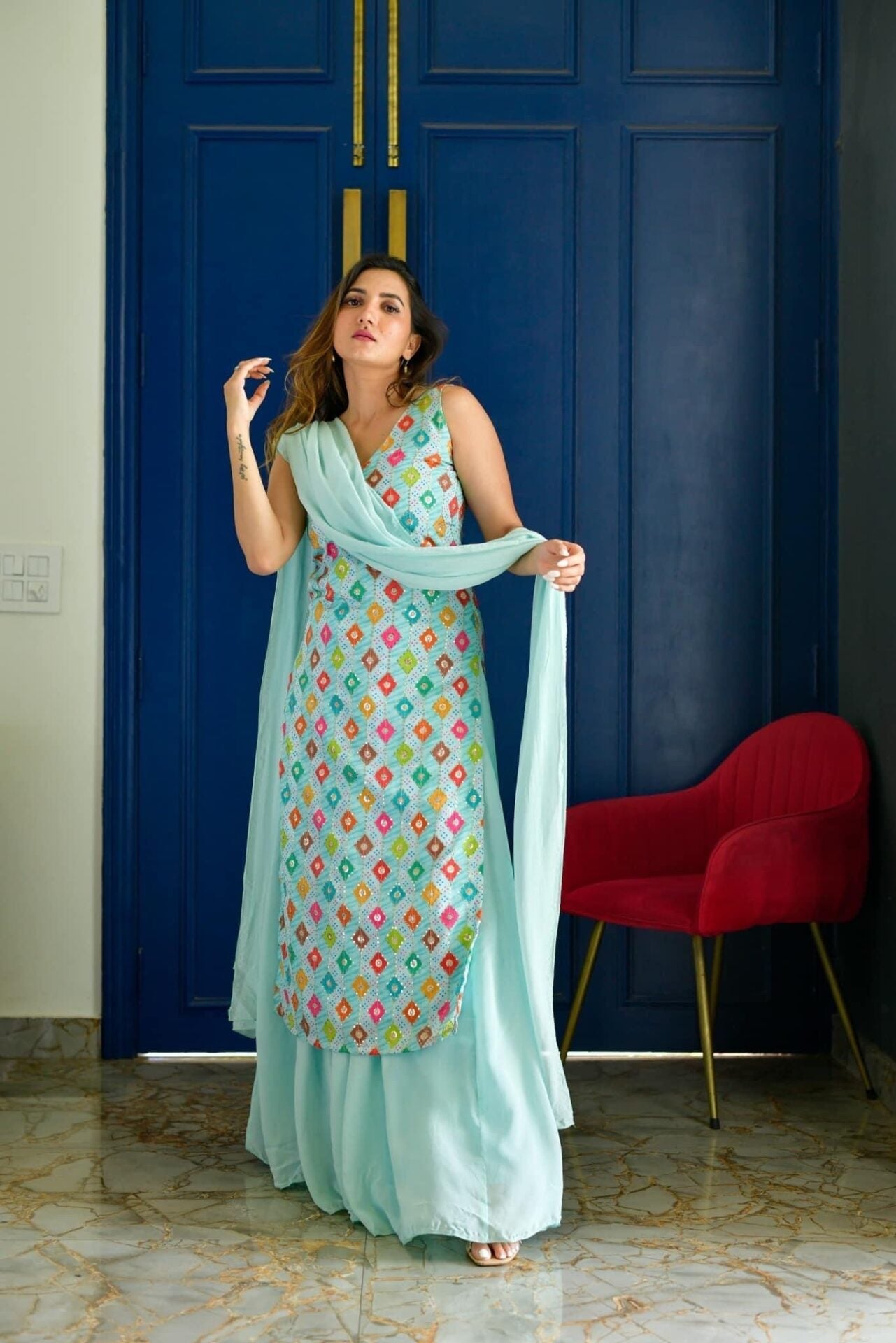 Idaho-o Light Blue Embroidered Kurta Palazzo Set
