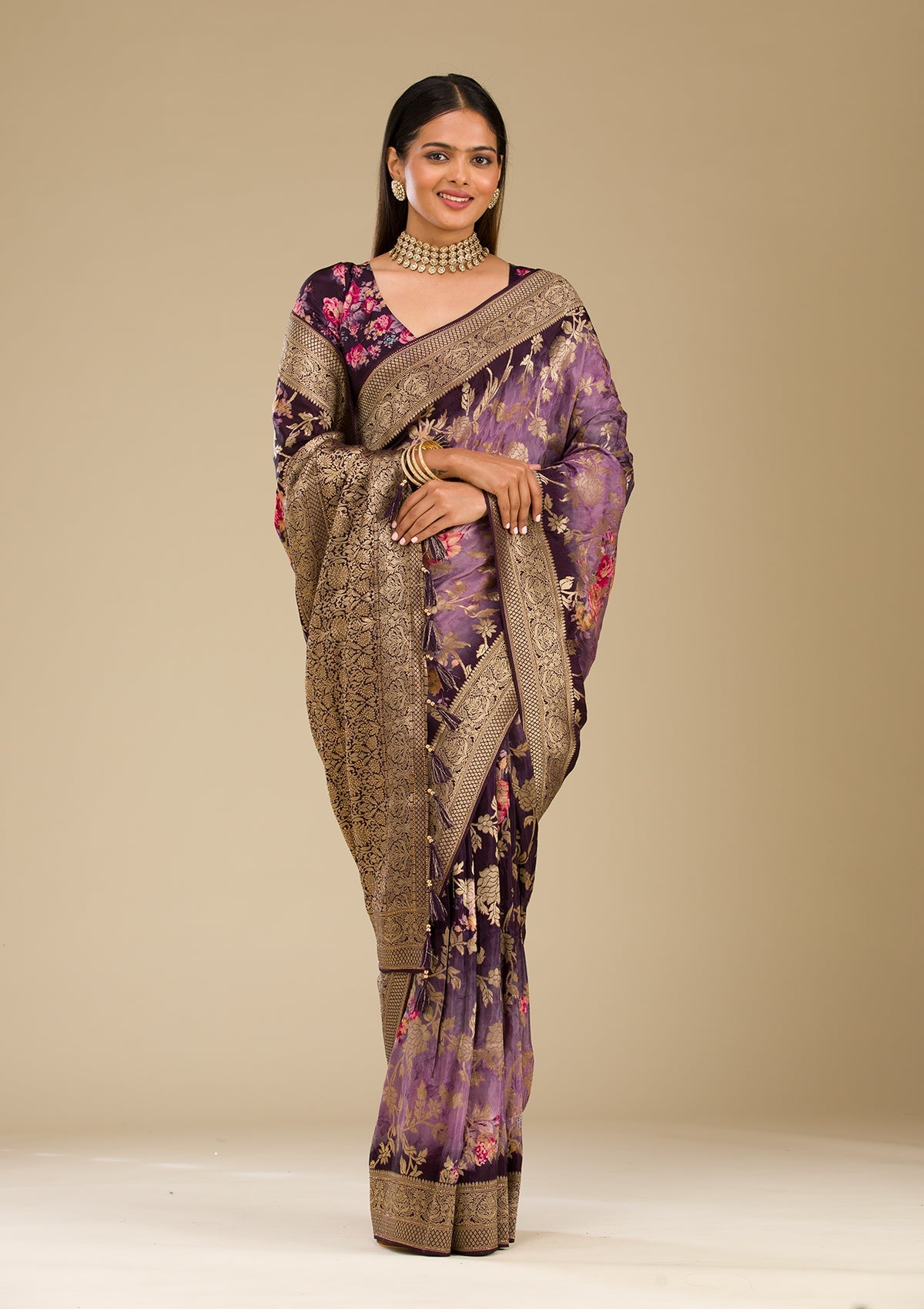 Koskii Purple Zariwork Georgette Saree – Women's