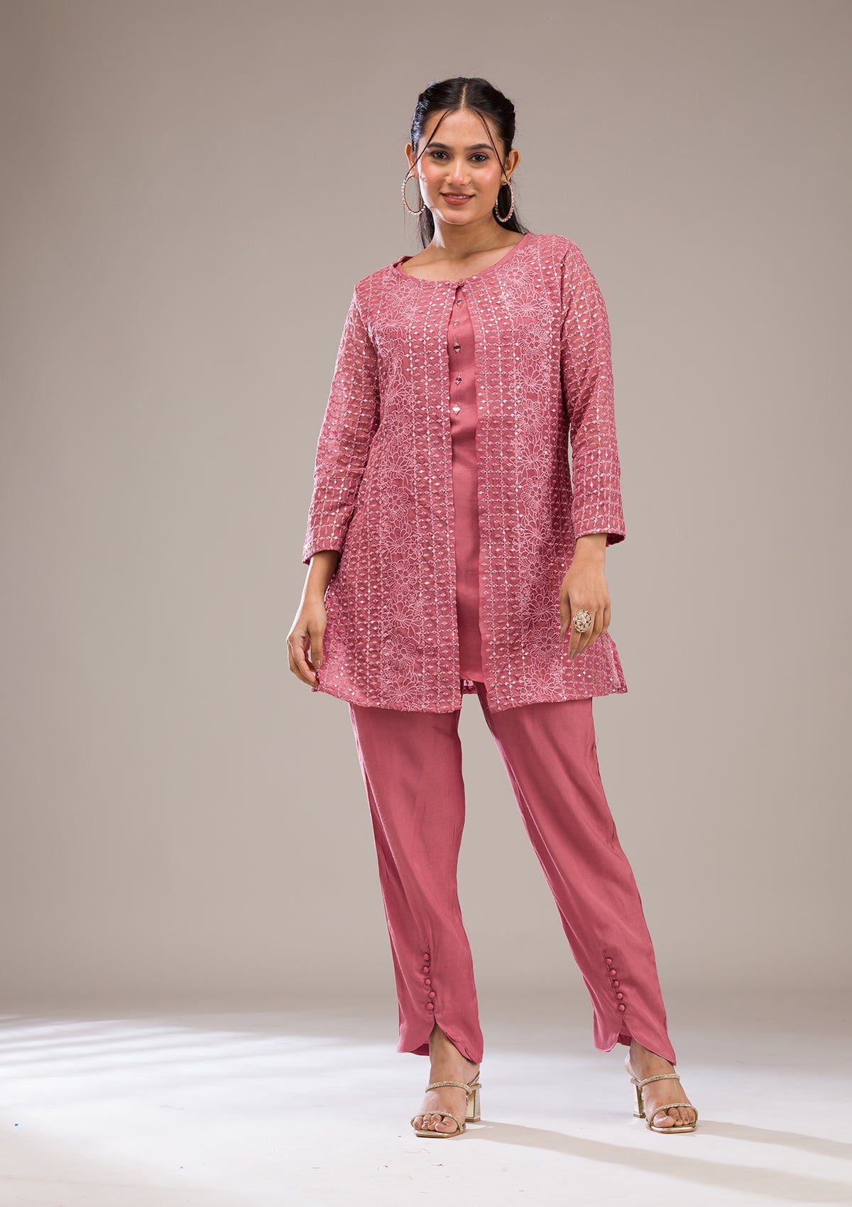Koskii Onion Pink Threadwork Georgette Readymade Salwar Suit
