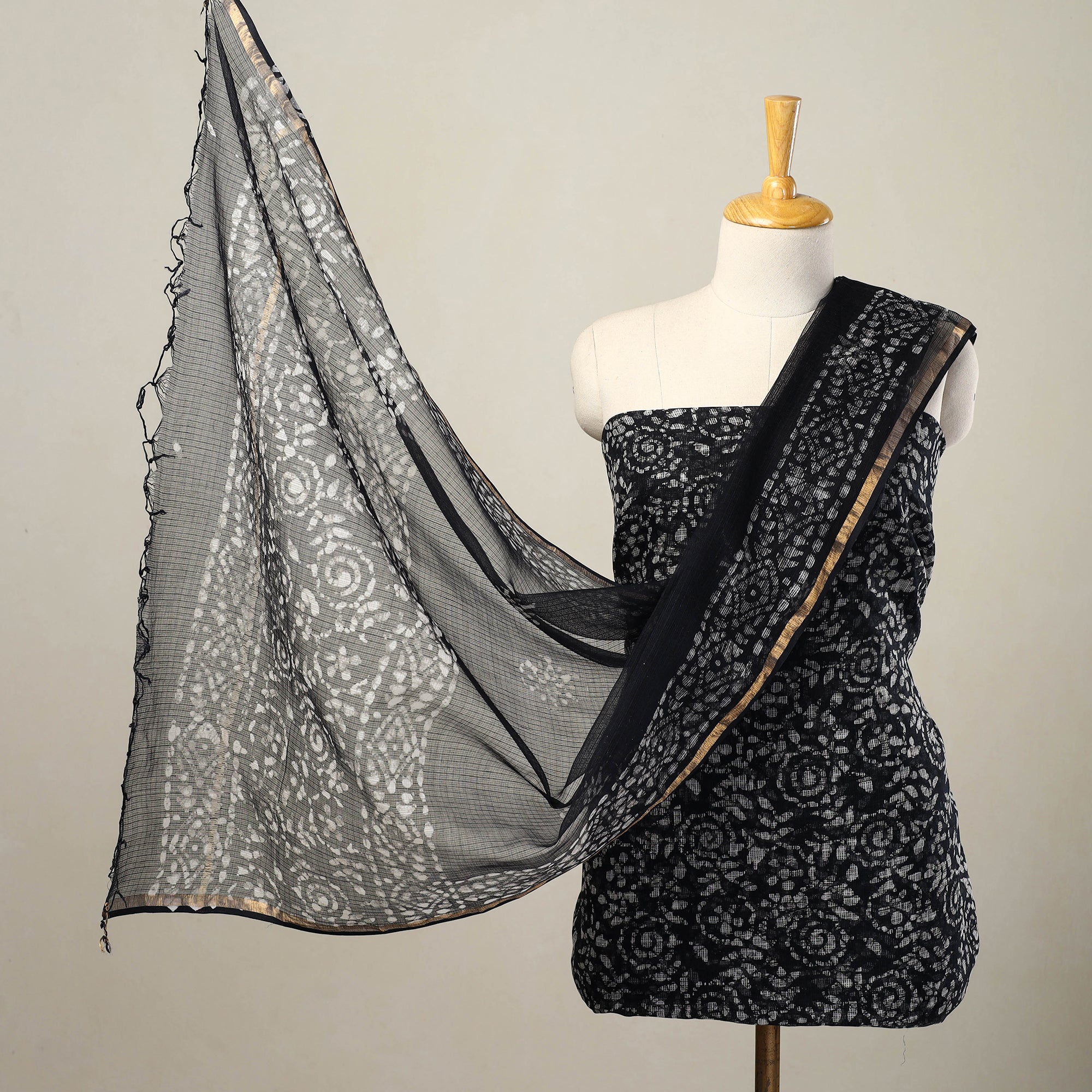 ARTISAN HAND BLOCK PRINTS Black - 3pc Block Print Kota Cotton Batik Dress Material 08