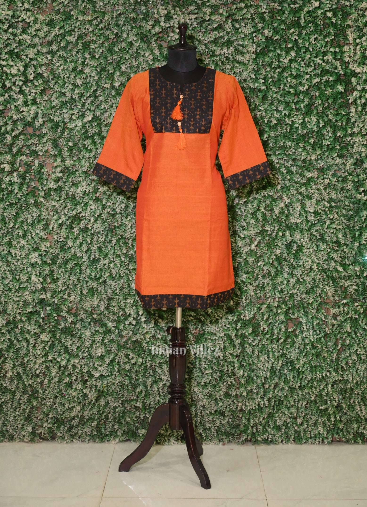 IndianVillèz Orange Black Odisha Ikat Designer Cotton Kurti for Women