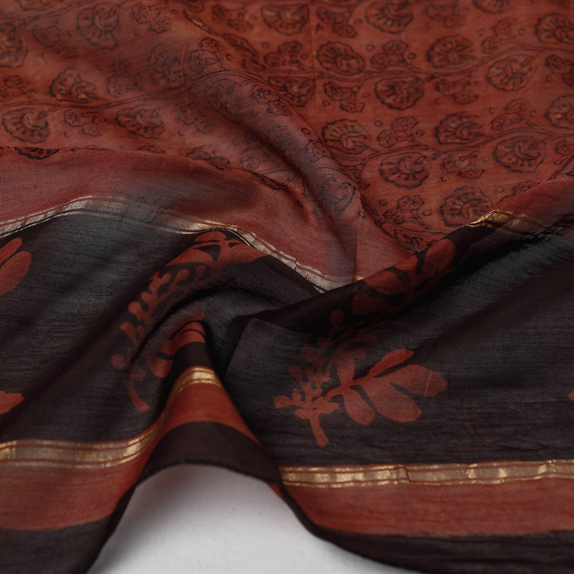 BAGRU DABU PRINTS Brown - Bagru Block Printed Chanderi Silk Handloom Stole with Zari Border - view 3