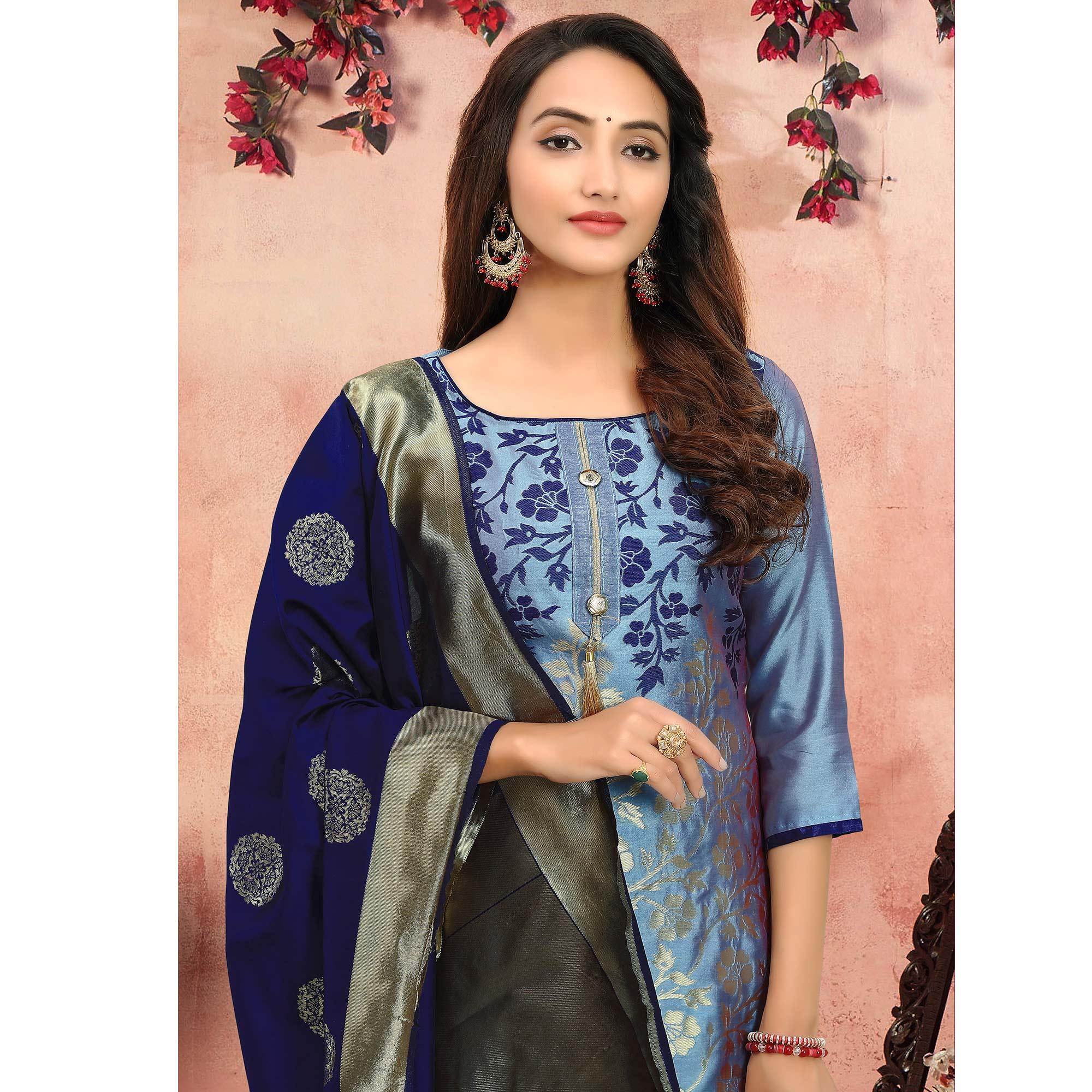 Peachmode Flamboyant Blue Colored Festive Wear Woven Heavy Banarasi Silk Dress Material - view 2