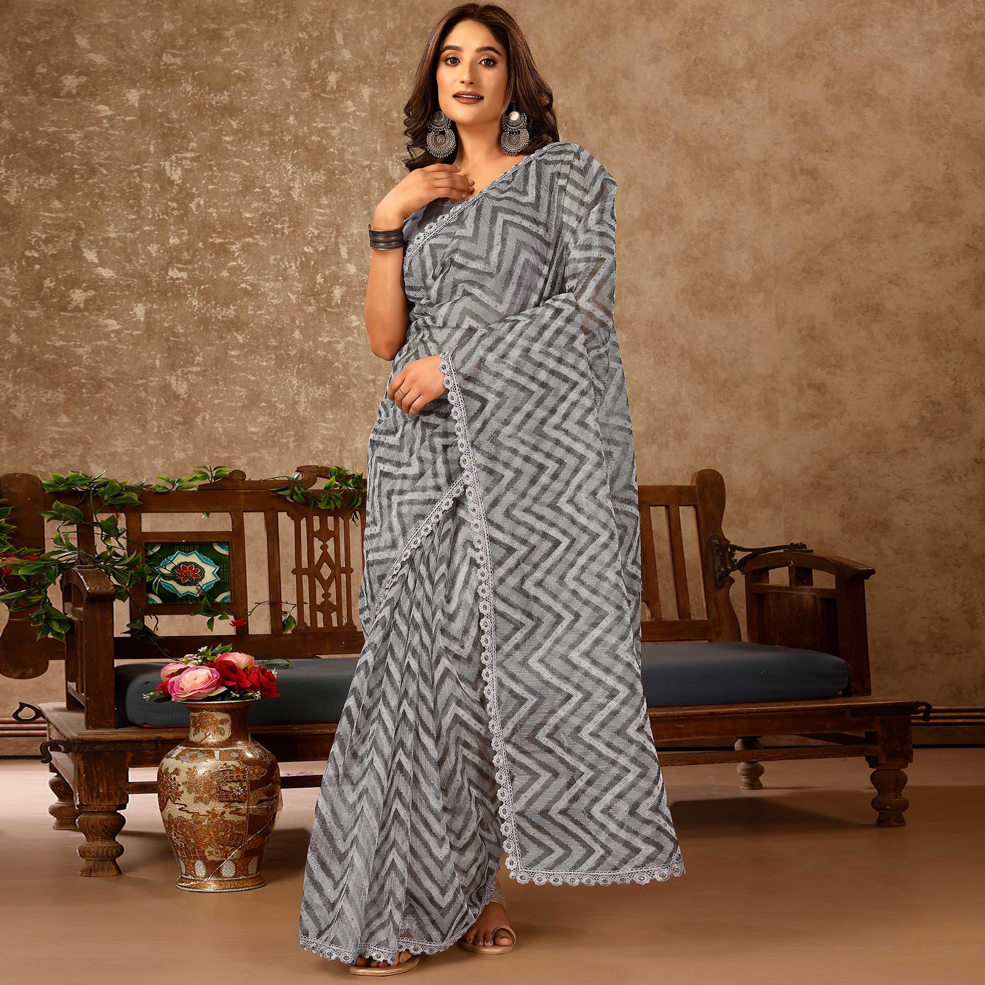 Peachmode Seller Grey Zig Zag Printed With Stone Work Organza Ready To Wear Saree - view 2
