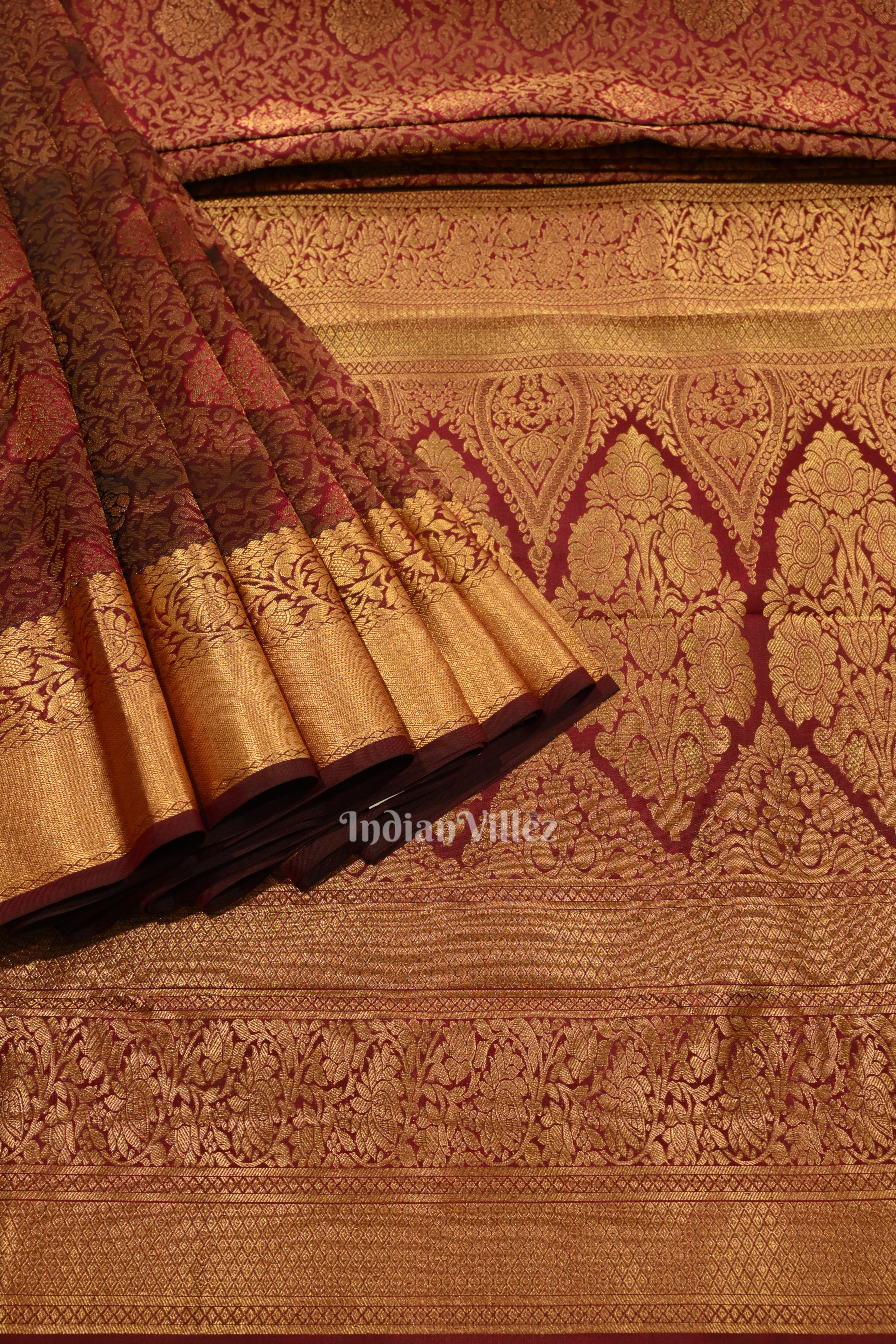 IndianVillèz Deep Maroon Pure Brocade with Golden Broder Bridal Kanjivaram Silk Saree