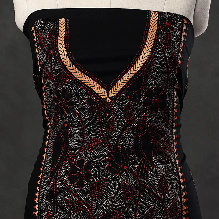 KHUSHBASH - HAPPY LOOM OF EAST Black - Bengal Kantha Embroidery Cotton Kurta Material - (2.75m) 04 - view 4