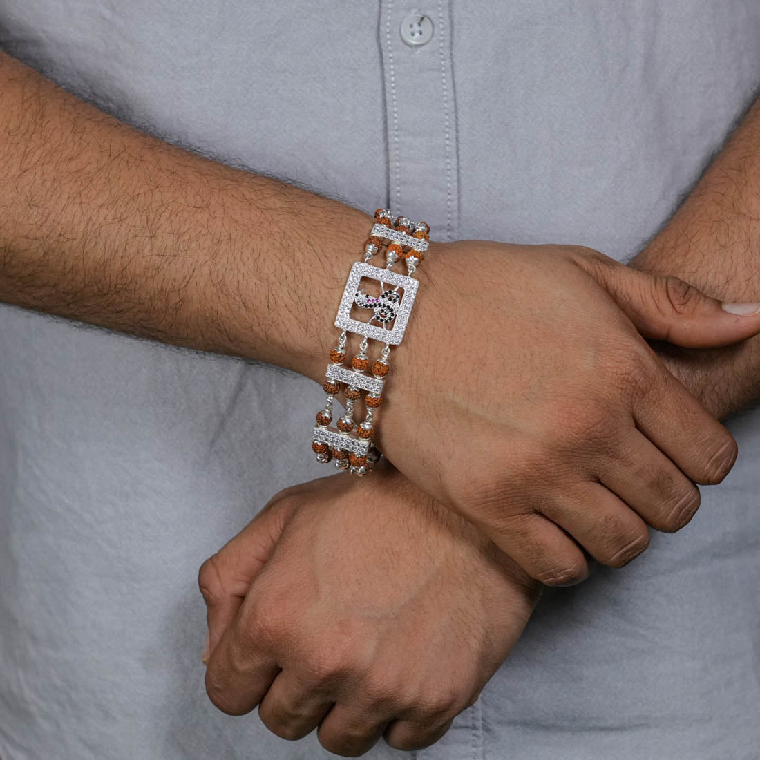 Prinjal Jewellers Rudraksha Silver Daimond Goga Tripel Line Bracelet - view 3