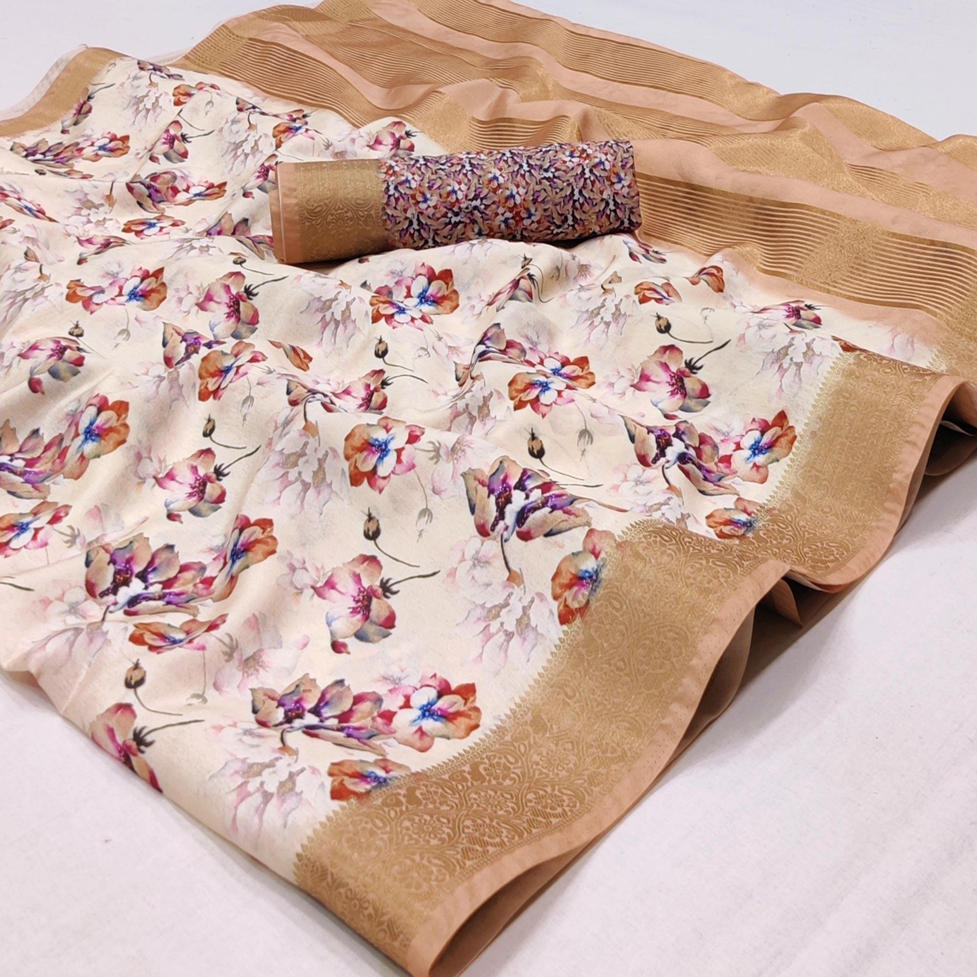 Peachmode Cream Digital Printed Dola Silk Saree