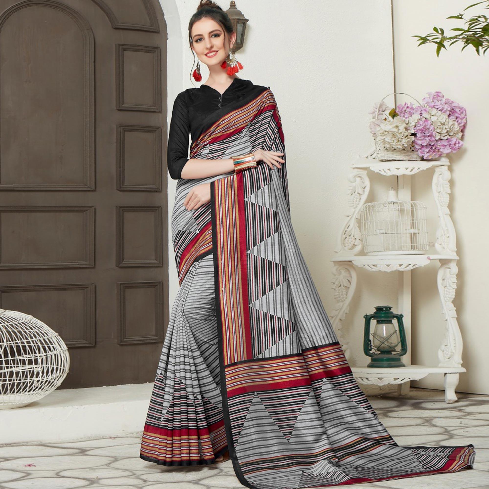 Peachmode Ideal Gray-Black Colored Casual Printed Bhagalpuri Silk Saree