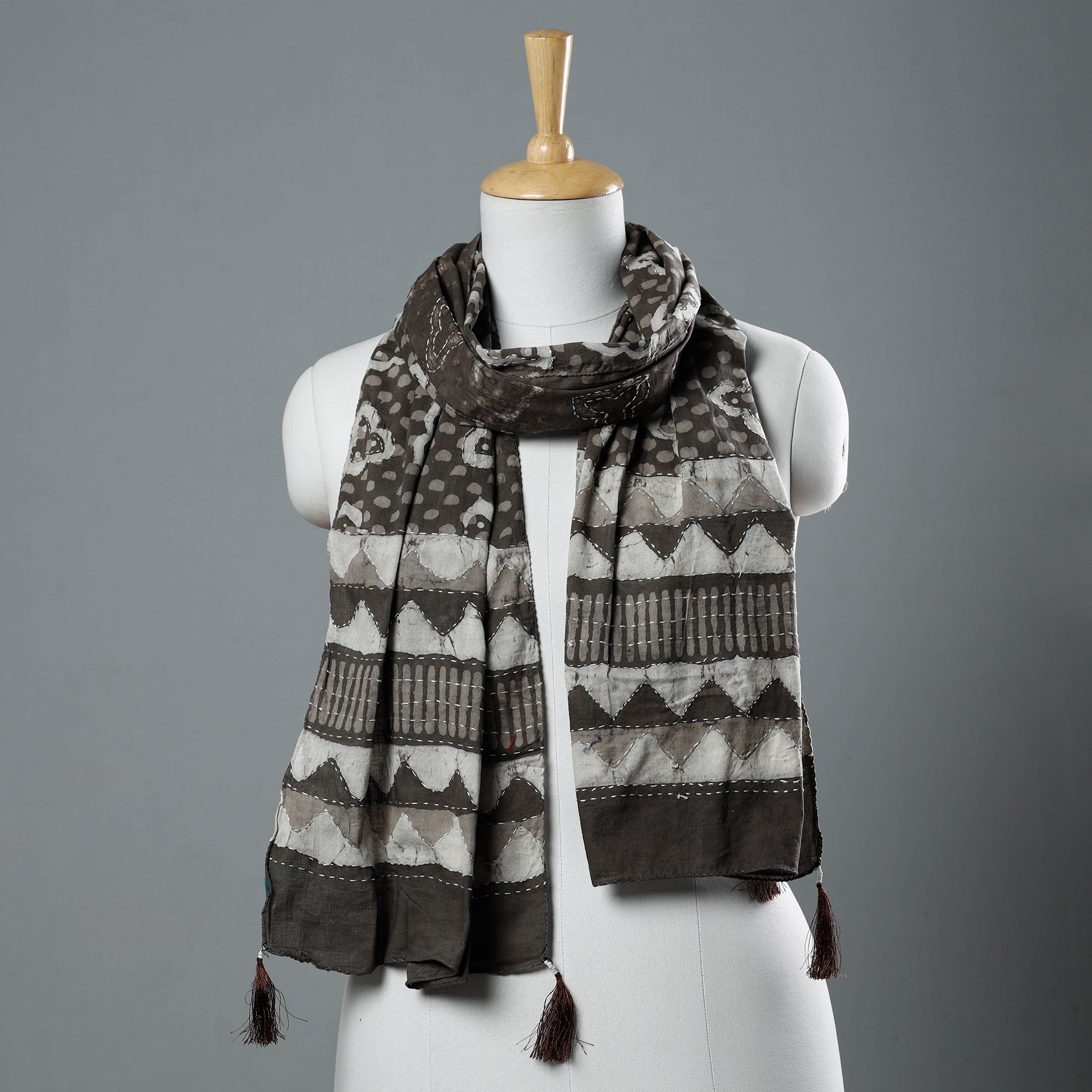 ARTISAN HAND BLOCK PRINTS Brown - Bagru Block Printed Tagai Work Cotton Stole with Tassels