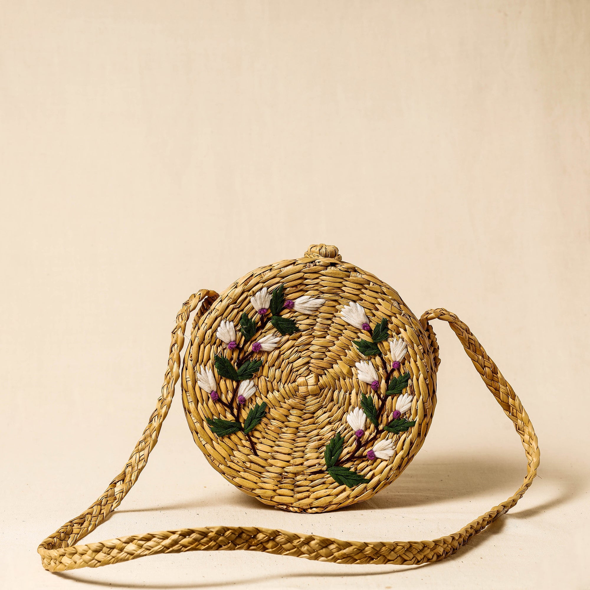 ITOKRI CRAFTS INITIATIVE Beige - Handcrafted Natural Water Reed Embroidered Sling Bag