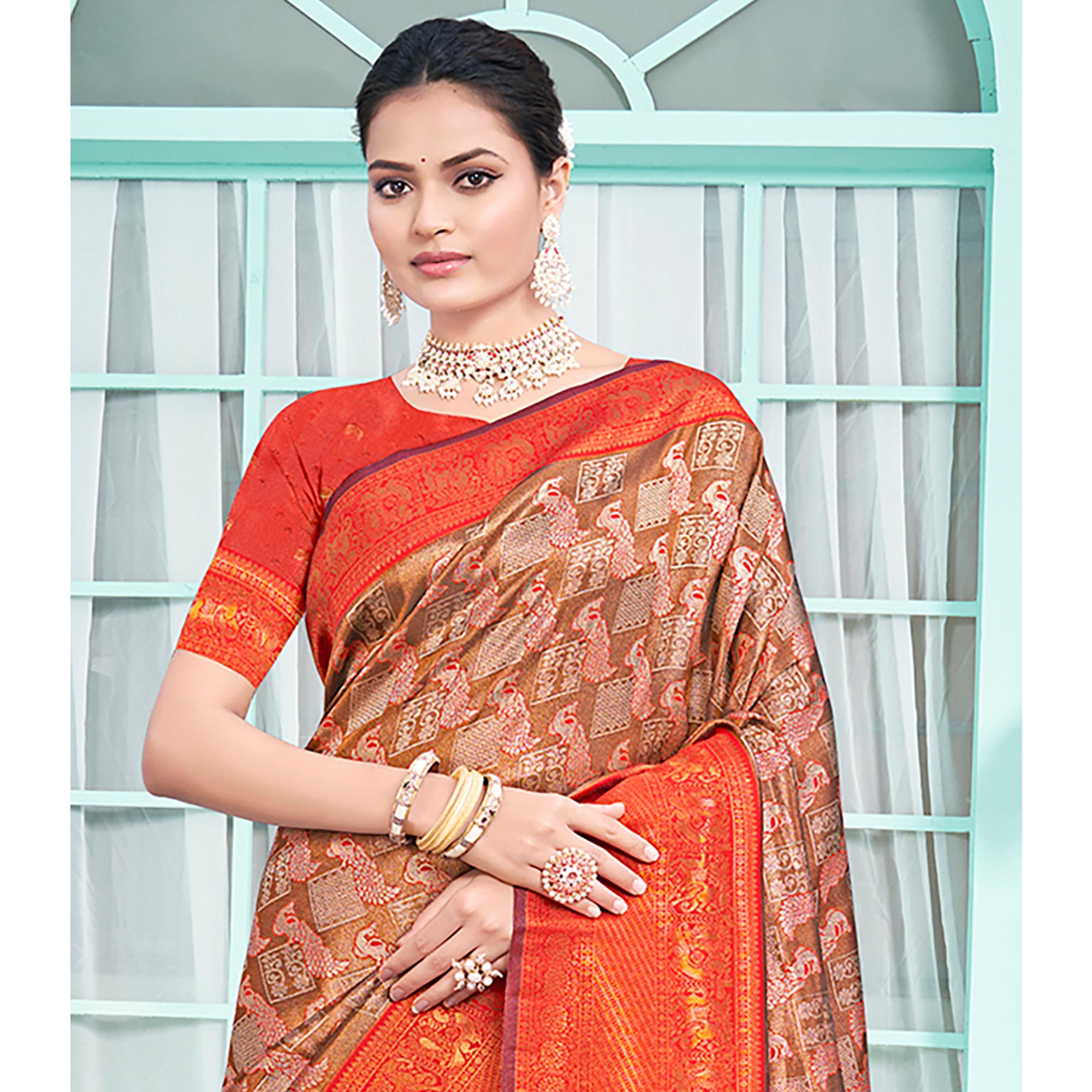 Peachmode Brown & Red Woven Cotton Silk Saree With Tassels - view 4