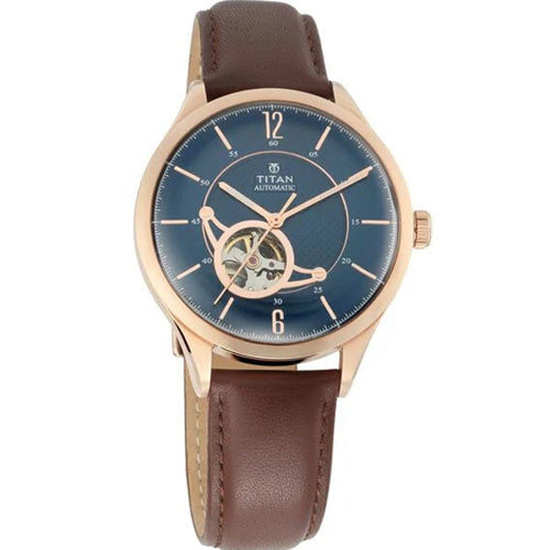 Titan Automatic Blue Dial Brown Leather Strap Watch for Men 43mm NS90111WL01
