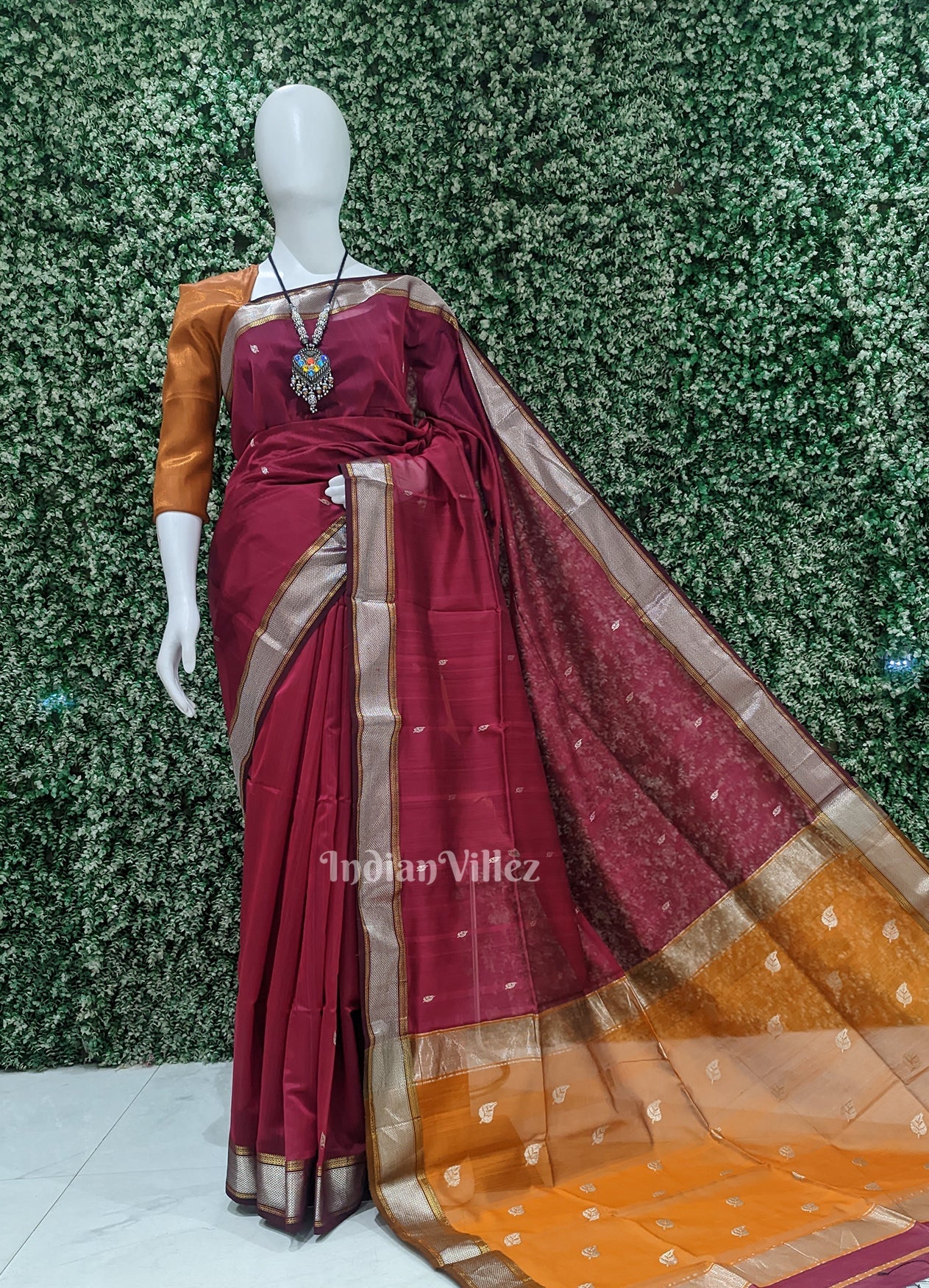 IndianVillèz Purple Wine with Mustard Yellow Pure Silk Cotton Maheshwari Saree