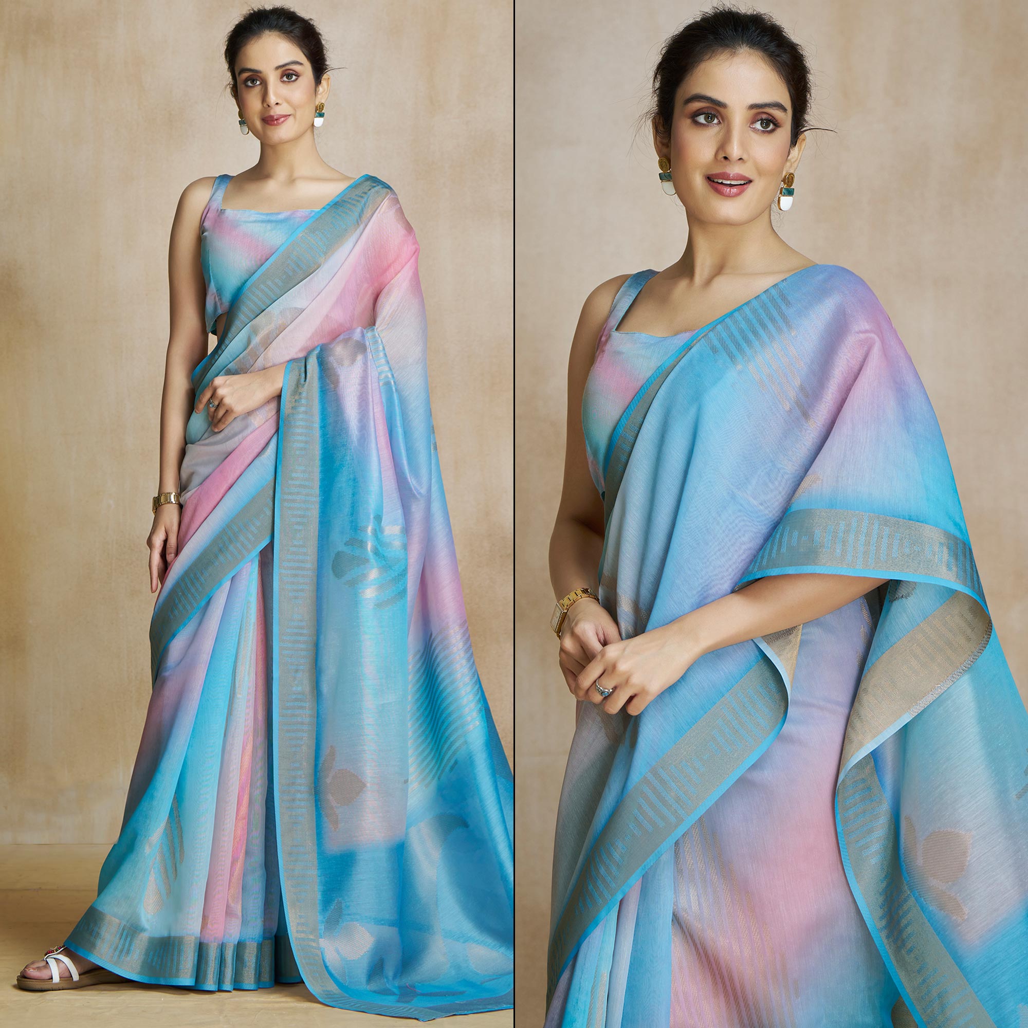 Peachmode Blue Digital Printed With Woven Pure Silk Ombre Saree