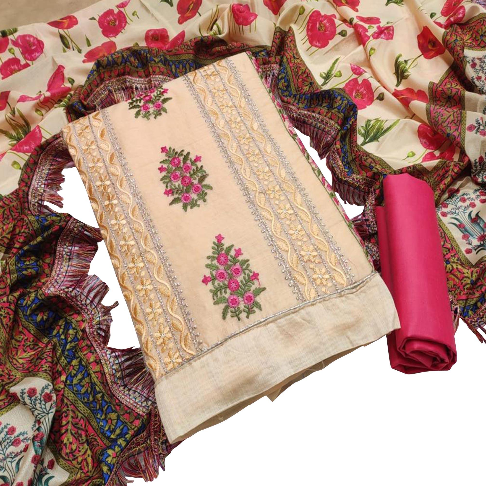 Peachmode Dazzling Light Yellow Colored Casual Wear Embroidered Chanderi Dress Material
