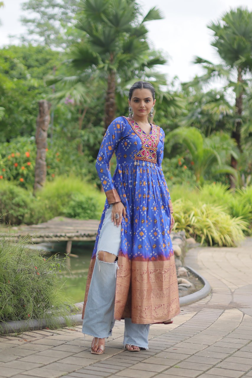 ClothsVilla.com Blue Designer Printed Kurti in Heavy Cotton with Kutchi Gamthi Lace and Kodi Work - view 5