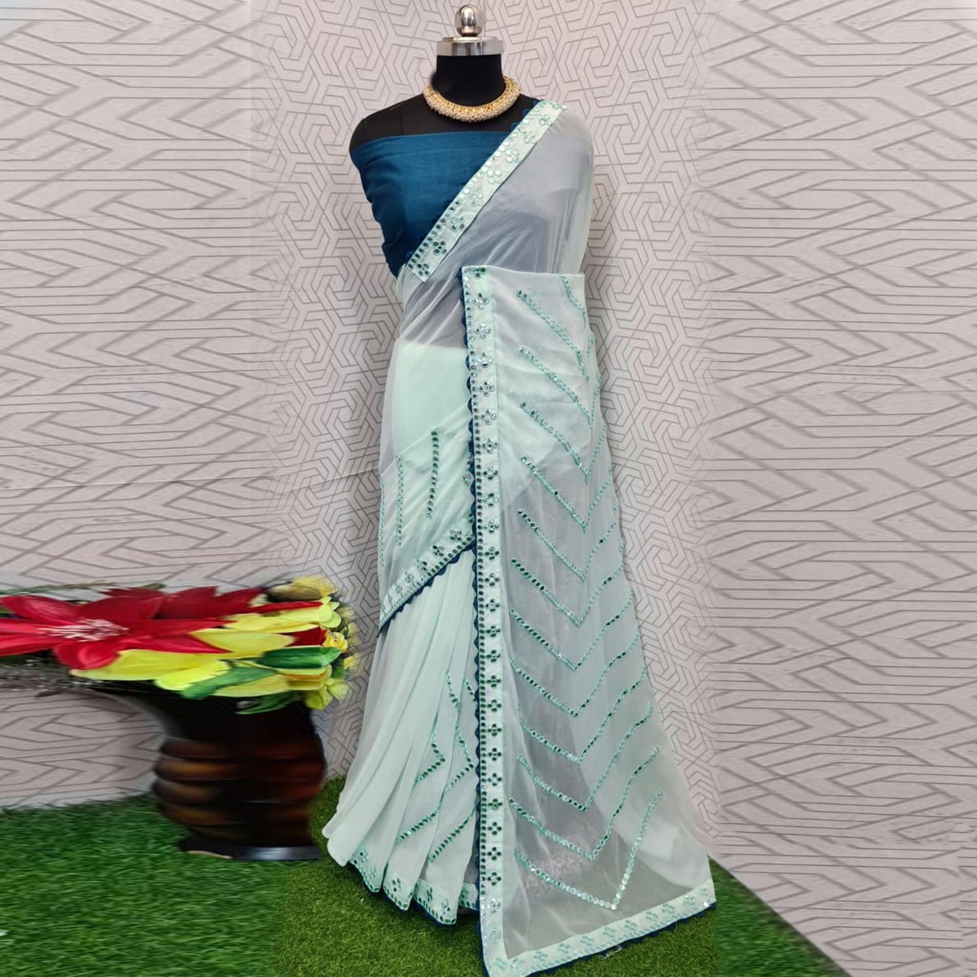 Peachmode Light Green Festive Wear Mirron Work Chiffon Saree - view 2
