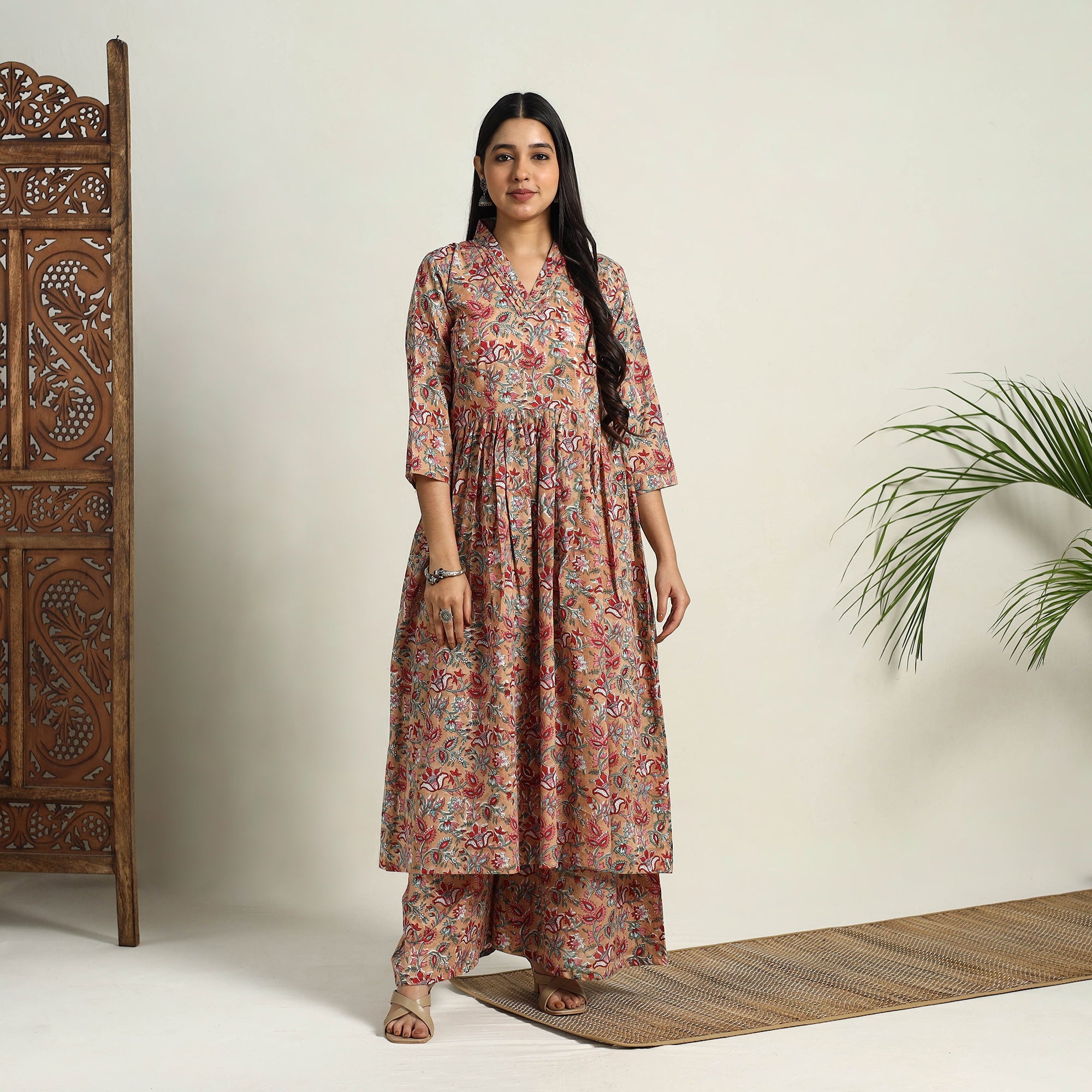 ITOKRI CASUALS Brown - Block Print Cotton Flared Sanganeri Kurta Set 04