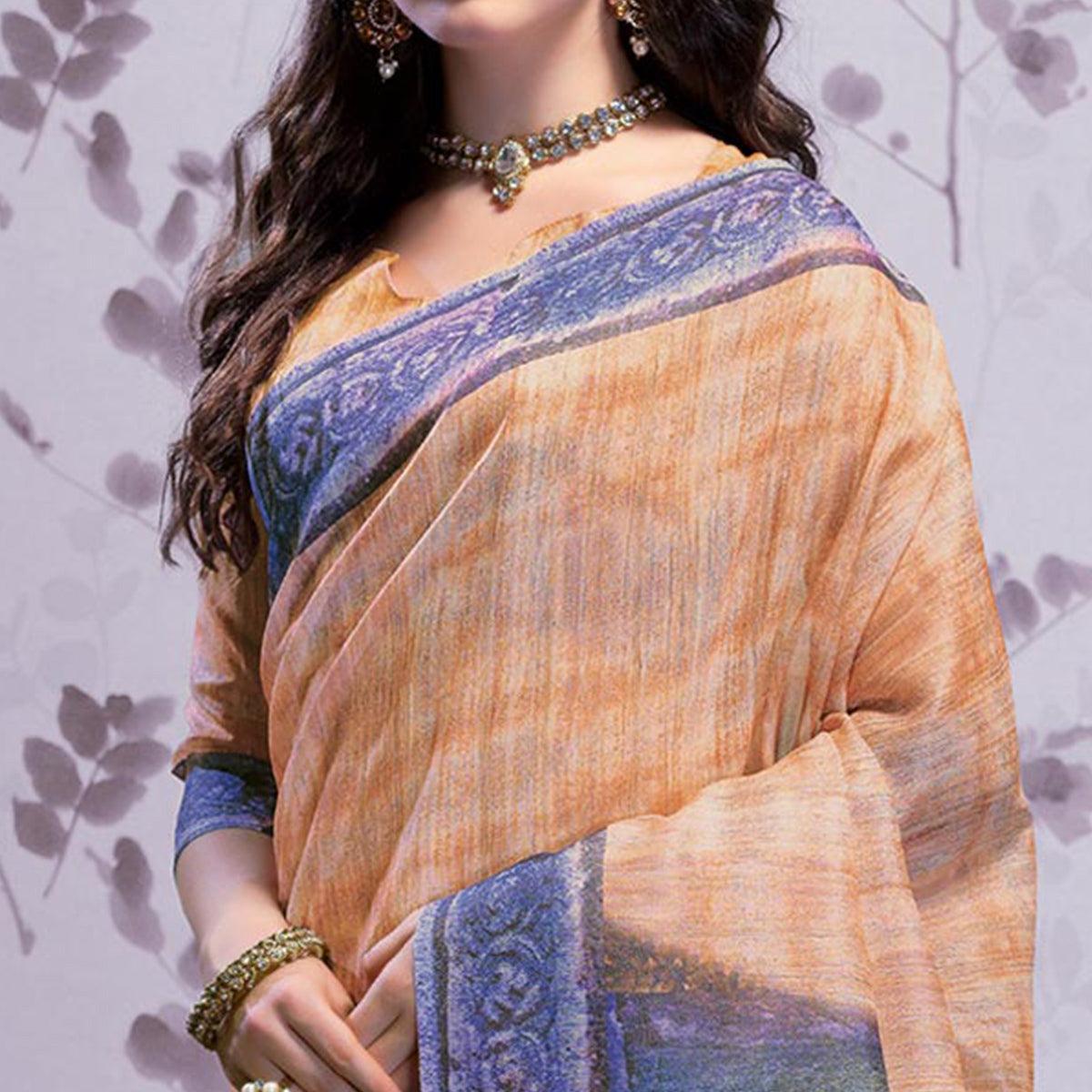 Peachmode Intricate Light Orange Colored Party Wear Printed Art Silk Saree - view 2