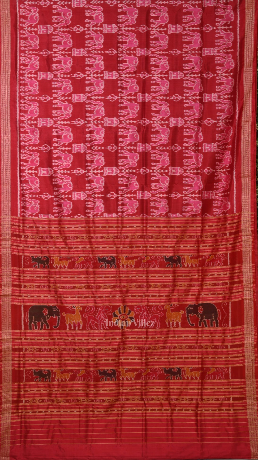 IndianVillèz Maroon Red Tribal Theme Odisha Ikat Khandua Silk Saree