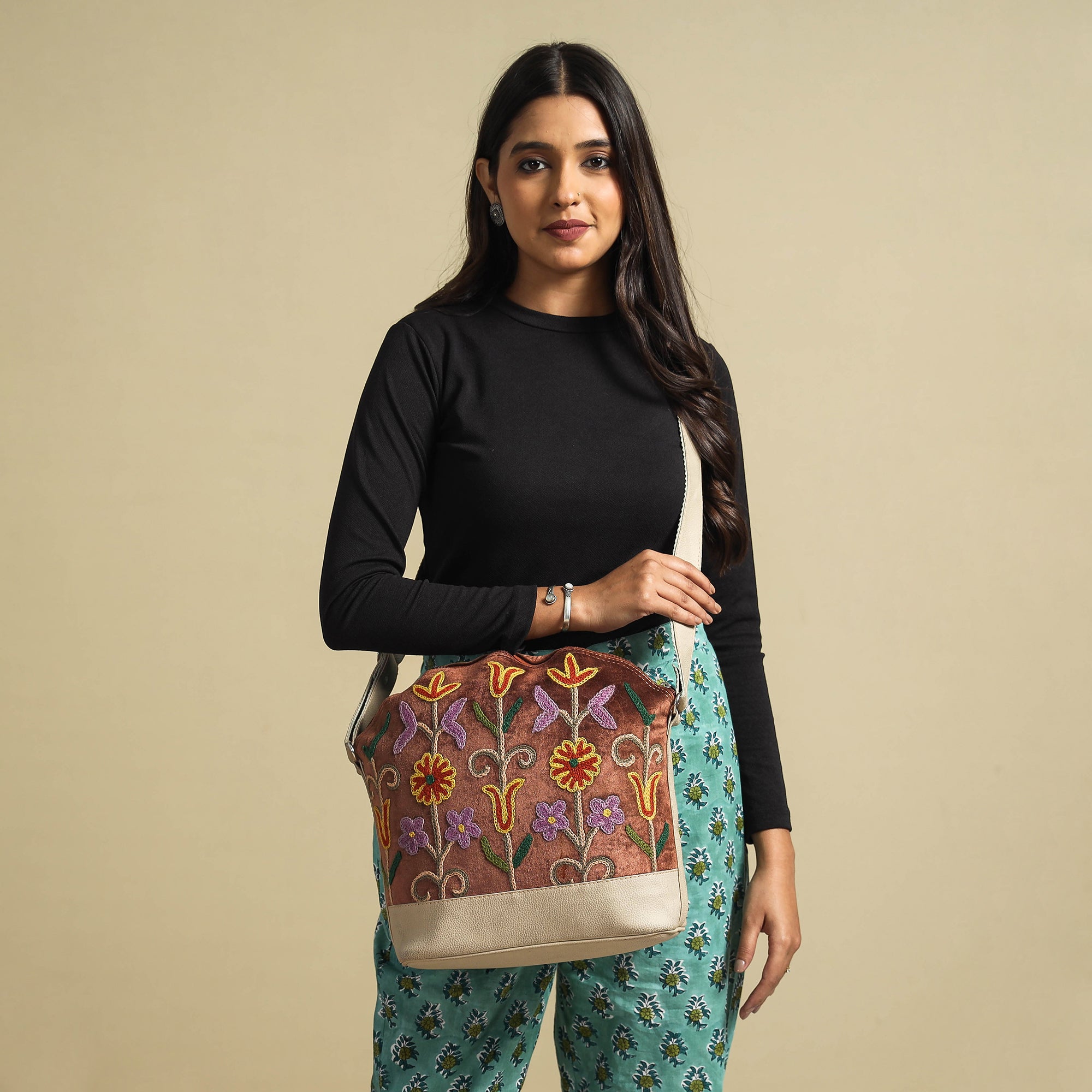 Leather velvet sling – ITOKRI CRAFTS INITIATIVE Brown - Original Crewel Hand Embroidery Leather & Velvet Sling Bag