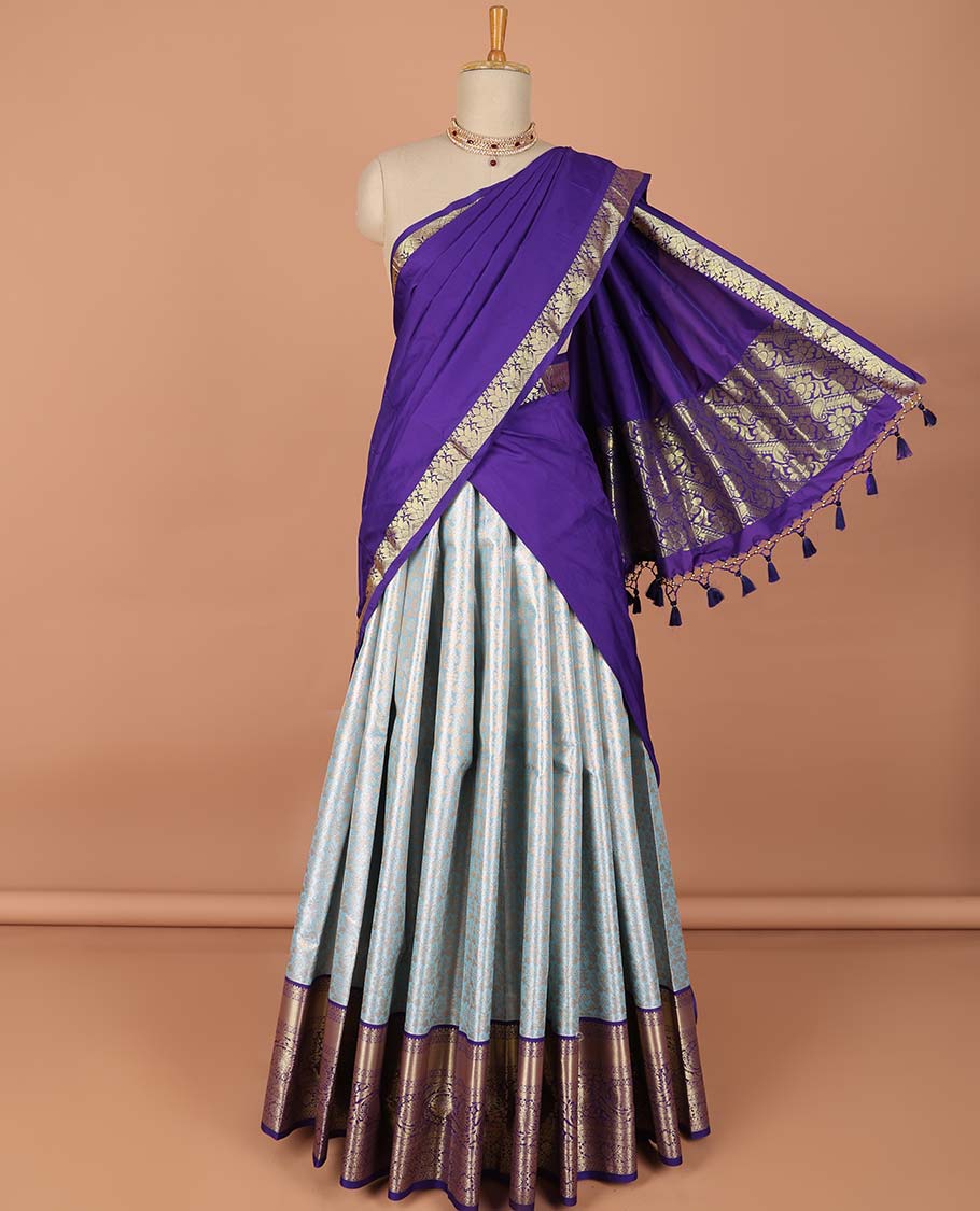 Pothys Blue floral jaal jacquard art-silk half saree, contrast traditional zari border,zari design blouse & intricate dhavani