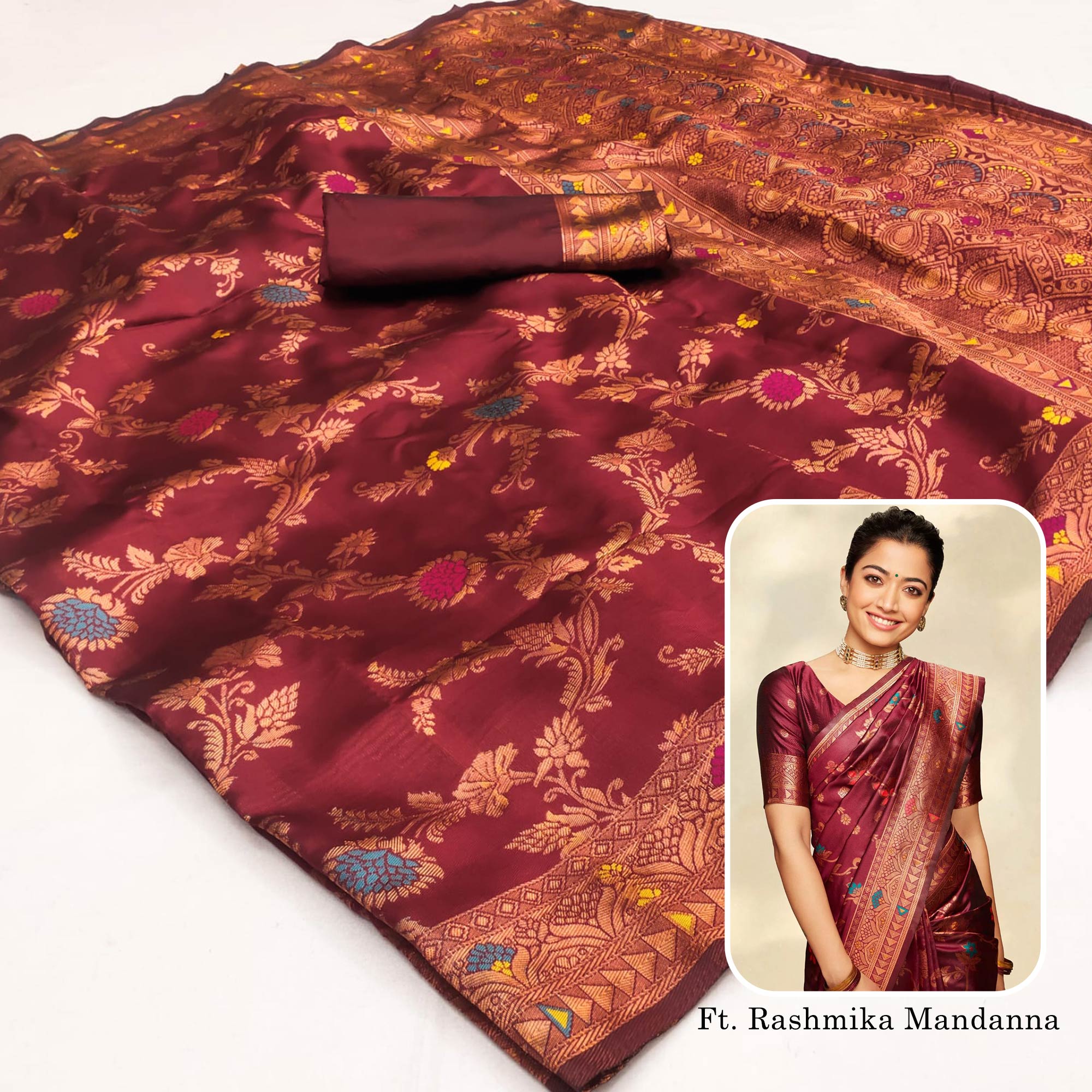 Peachmode Maroon Floral Woven Art Silk Saree – Women's