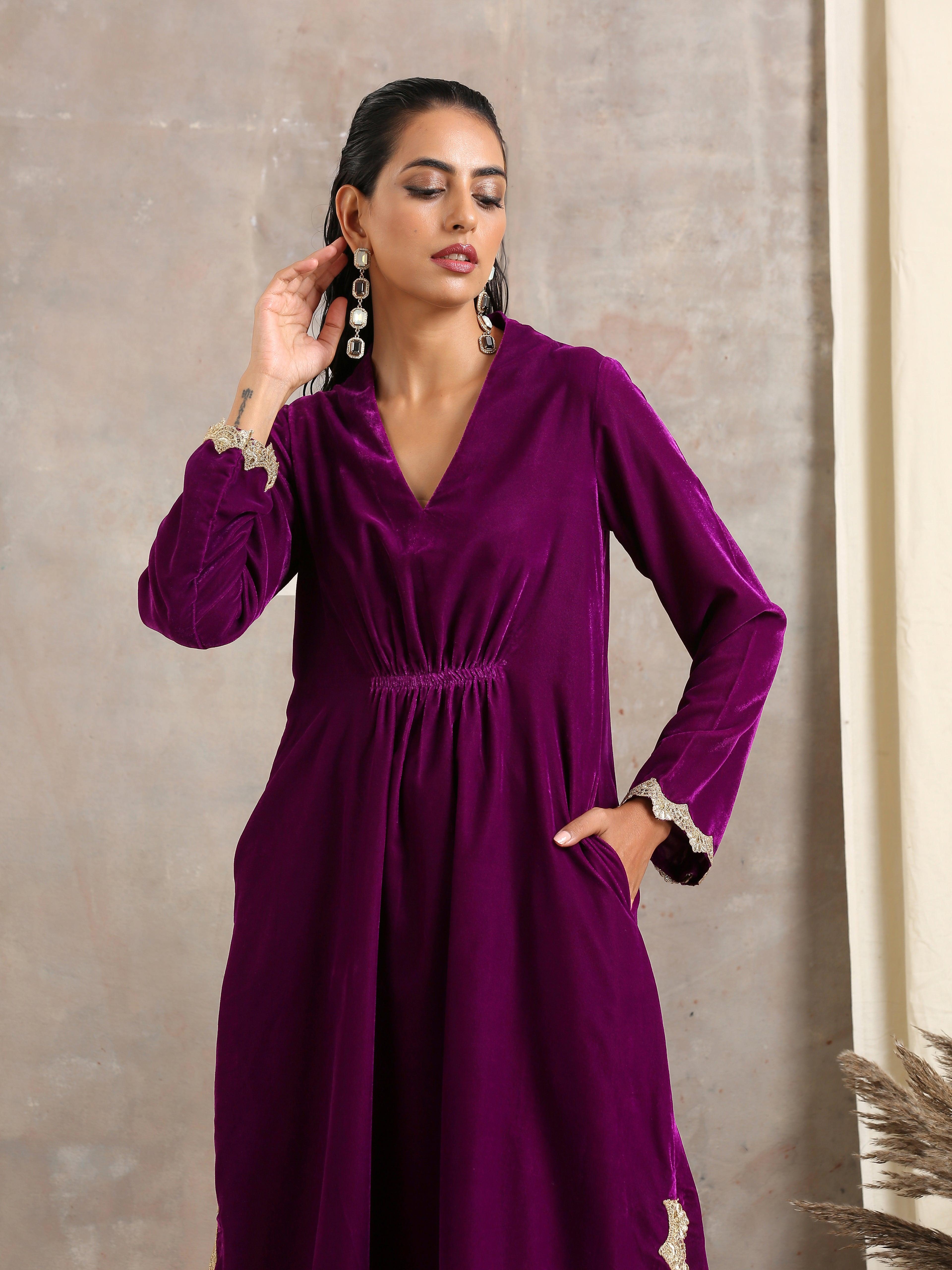 Wine Velvet Lace Kurta Pant Set | Relove - view 7