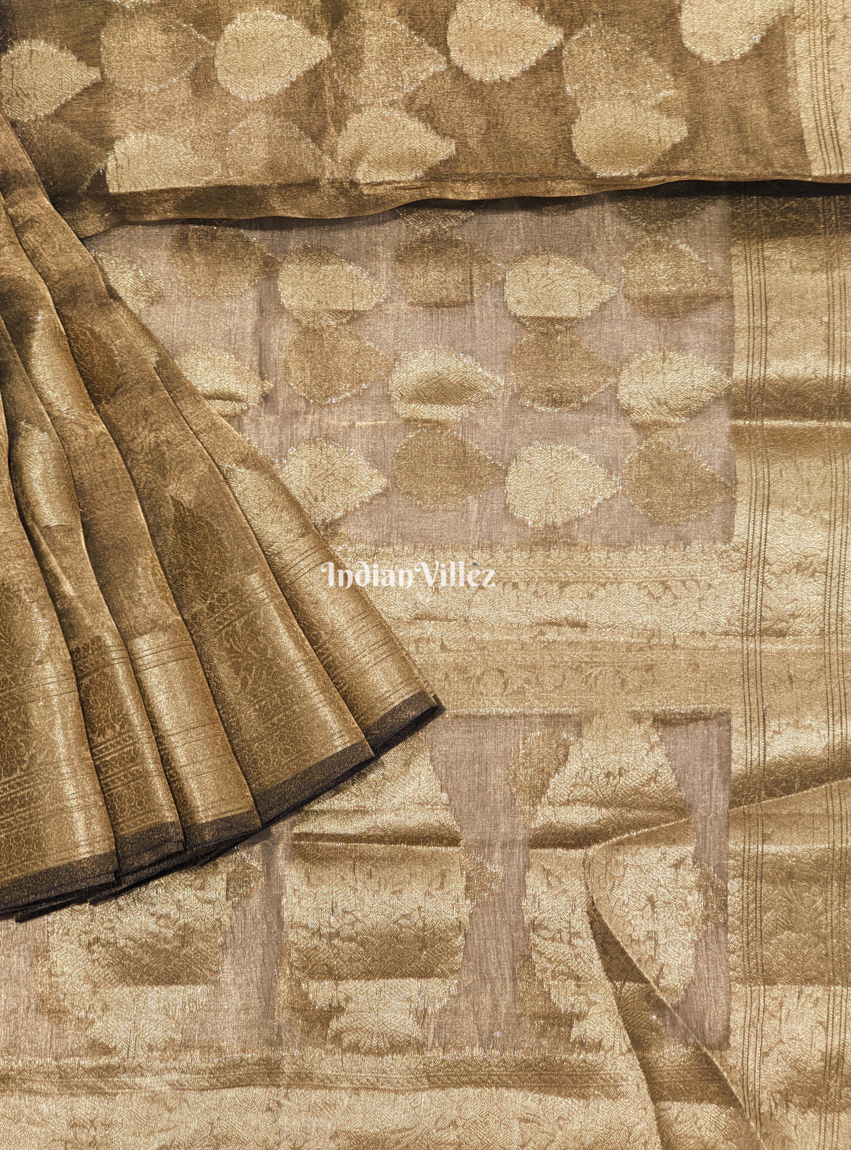 IndianVillèz Army Green Zari Woven Banarasi Tissue Saree